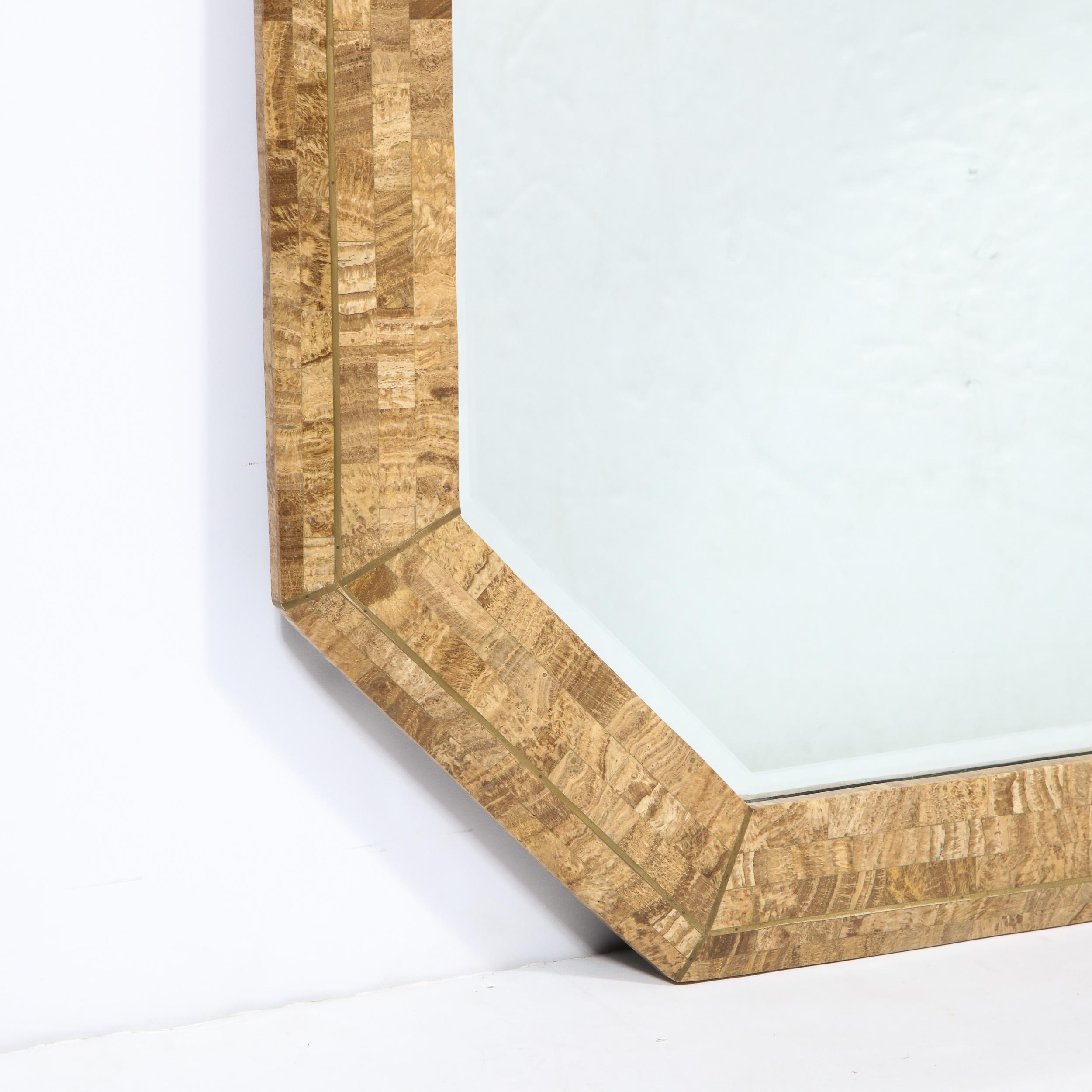 Mid Century Octagonal Tesselated Stone & Brass Mirror Signed by Maitland Smith In Excellent Condition In New York, NY