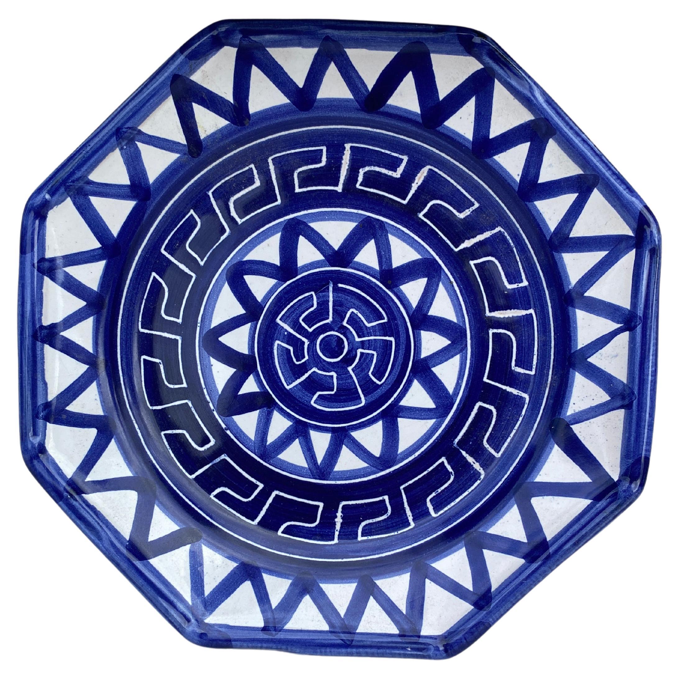 Mid-Century Octogonal Blue & White Plate La Roue Vallauris For Sale