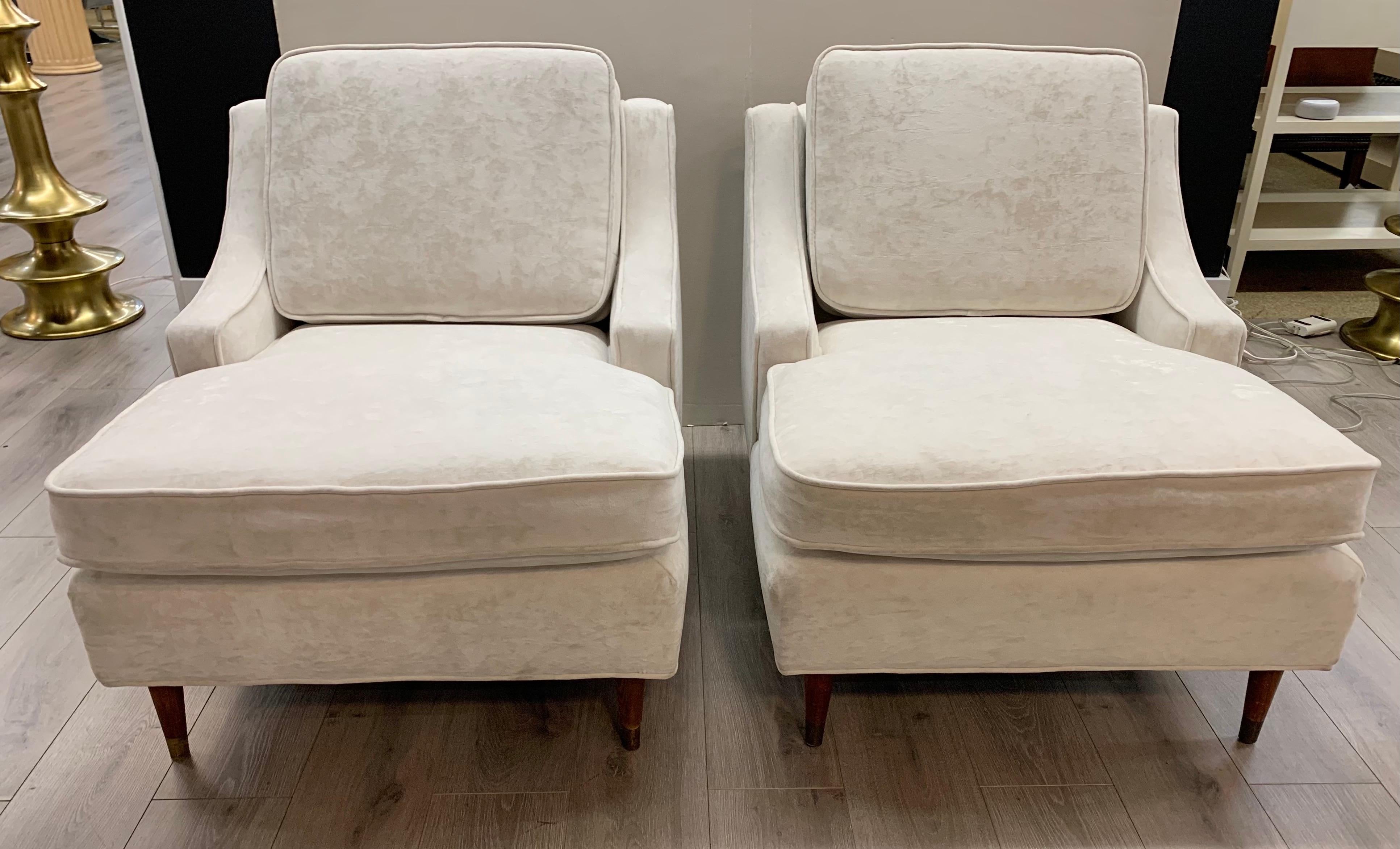 Mid-20th Century Mid Century Ivory White Crushed Velvet Lounge Chairs