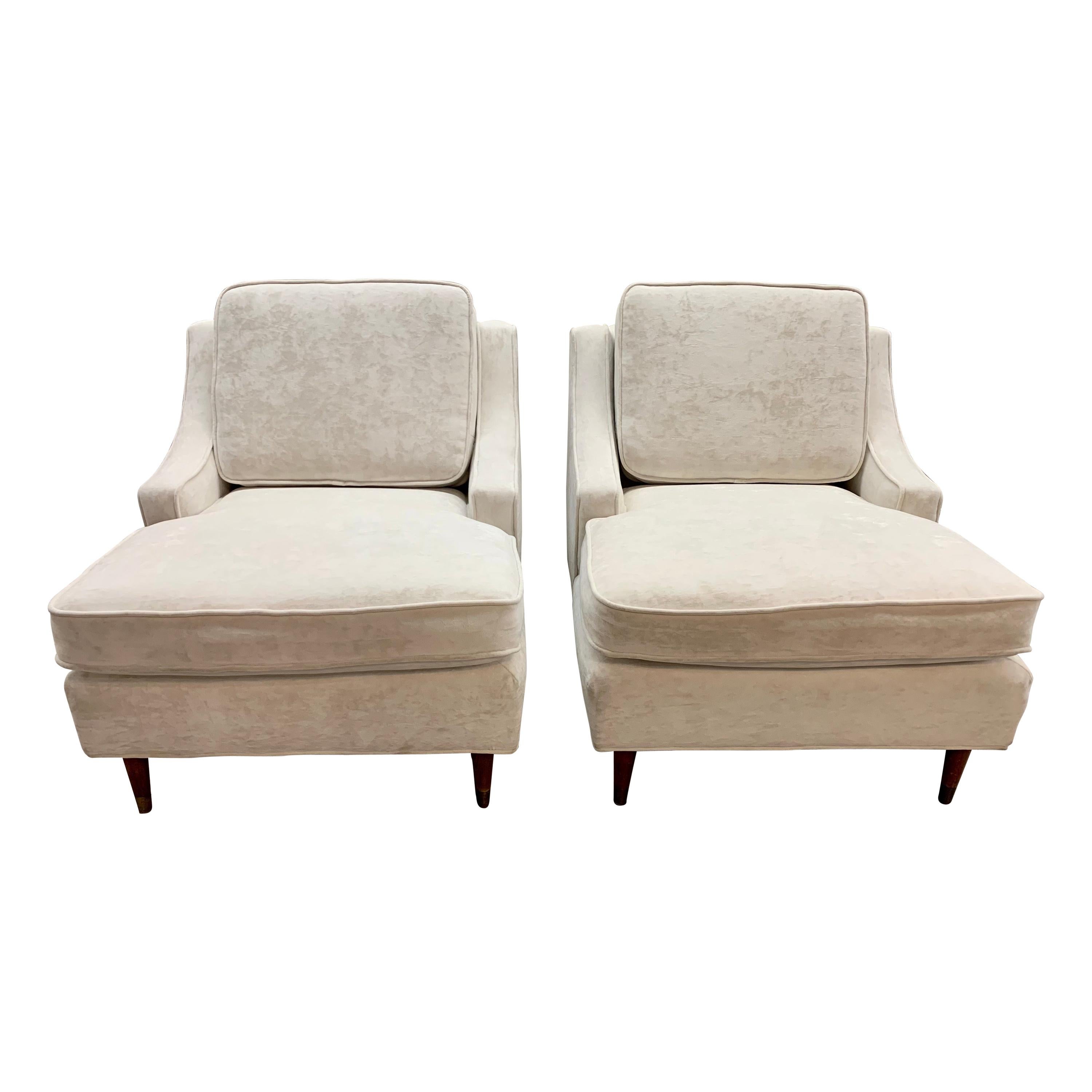 Mid Century Ivory White Crushed Velvet Lounge Chairs