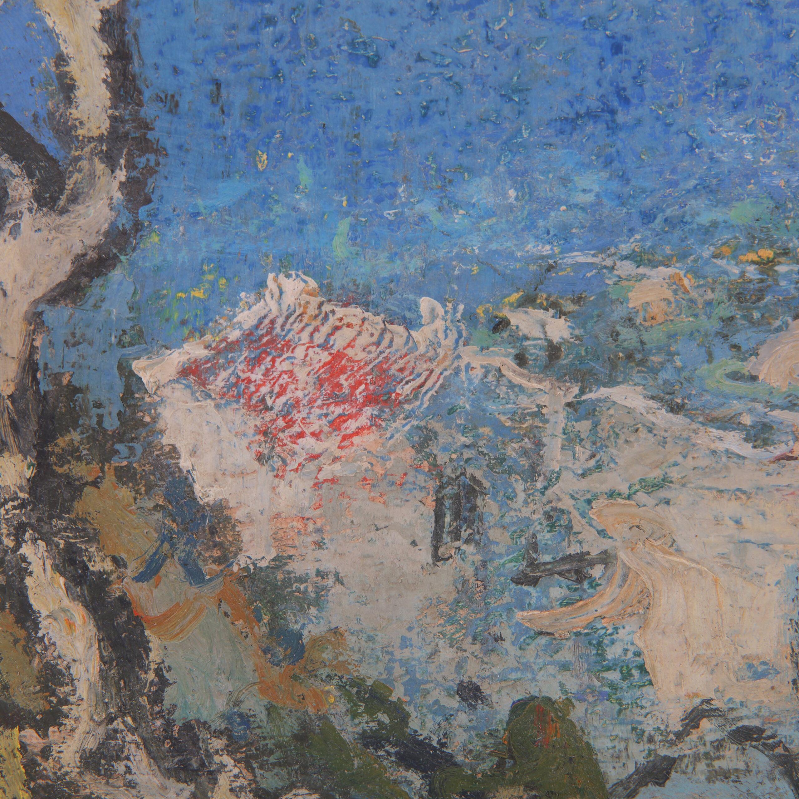 Hand-Painted Mid Century Oil and Gouache Painting Carl Busch Landscape near Capri 1950 For Sale