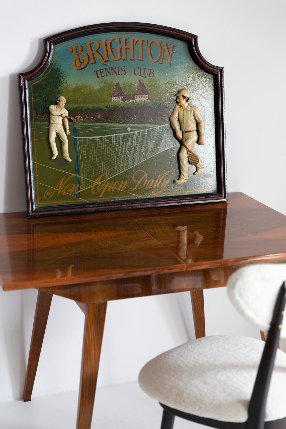 Mid-Century Modern Midcentury Oil Brighton Tennis Club Painting, Brown Wood Frame, 1960s, Europe For Sale