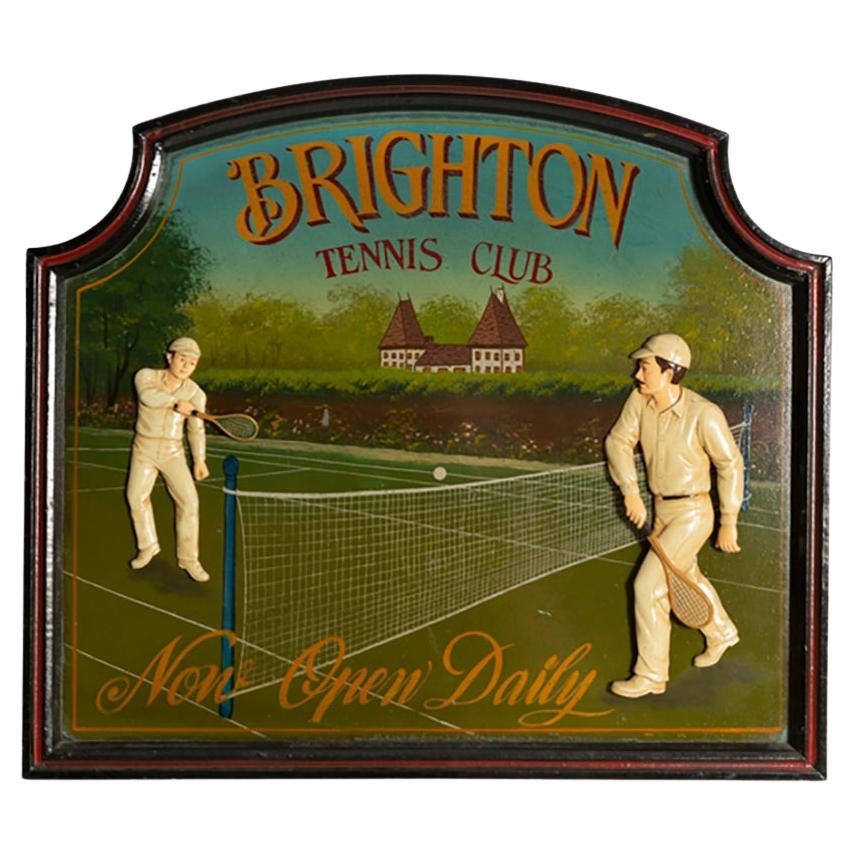Midcentury Oil Brighton Tennis Club Painting, Brown Wood Frame, 1960s, Europe For Sale
