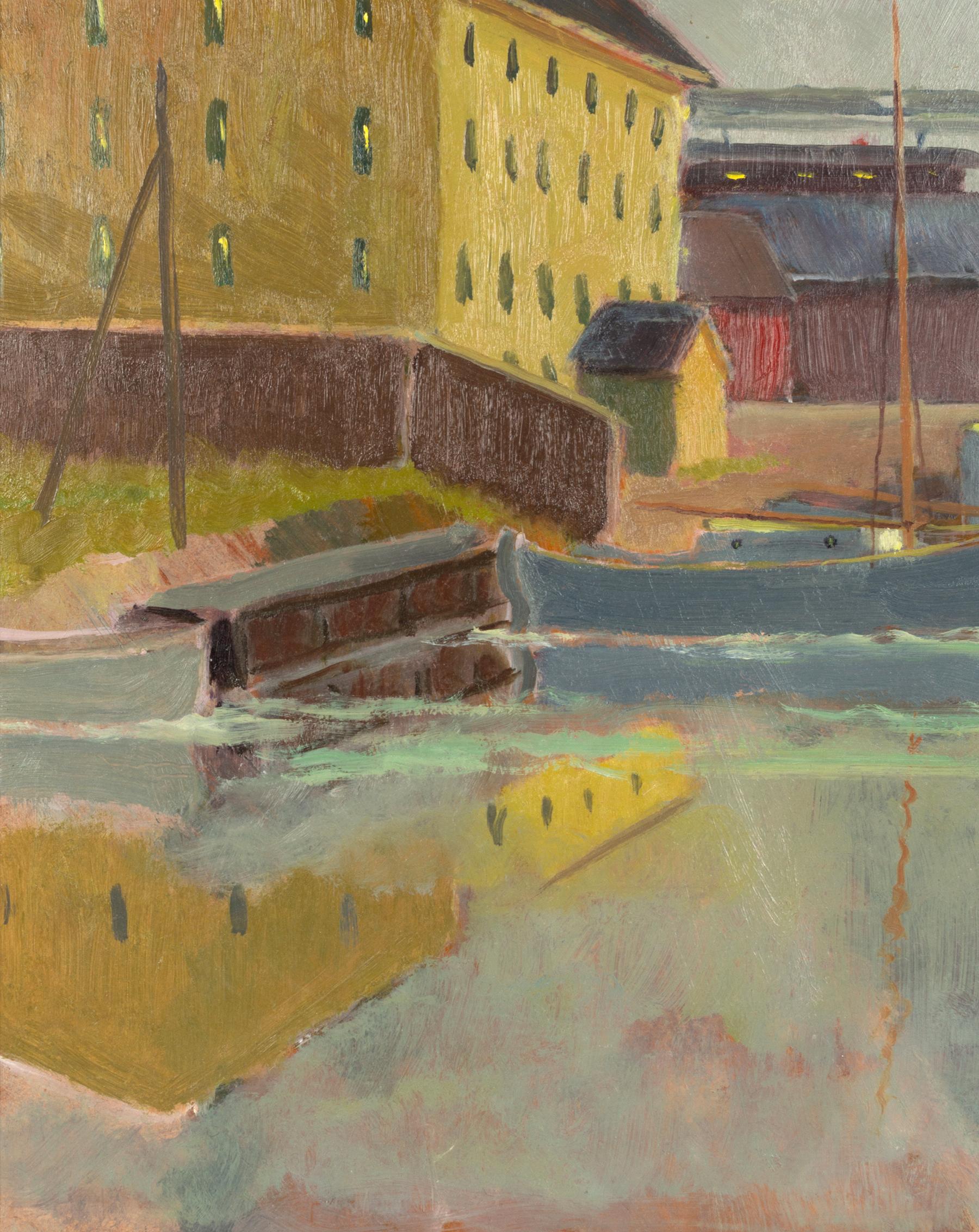 A mid-century oil on board boat harbour scene Signed, 1947.
An attractive example. 
Housed in original frame.
Provenance: Private London Collection.
In very good condition commensurate of age.

