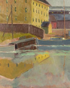 Olio su tavola di metà secolo Scena di porto con barca, firmato, 1947