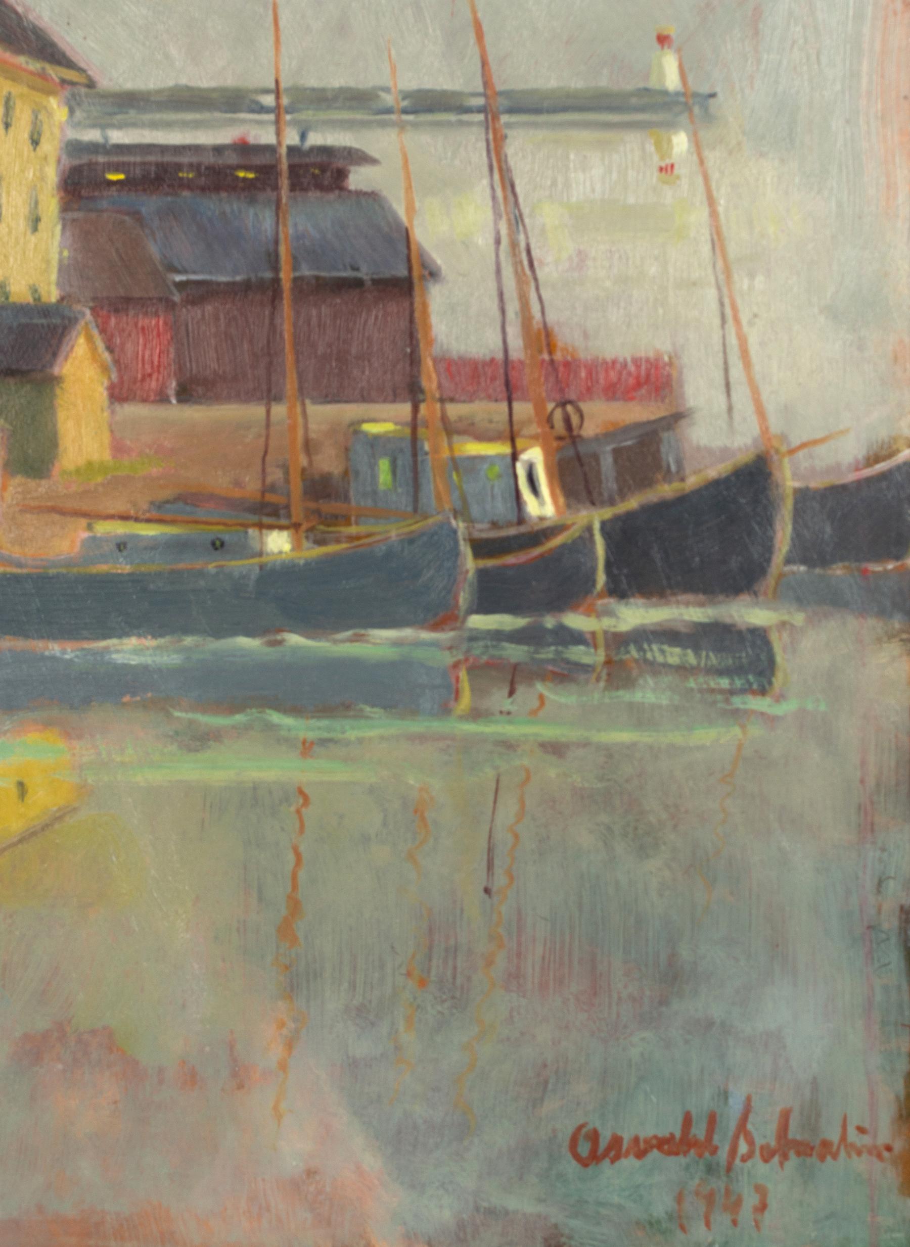 Mid-Century Oil on Board Boat Harbour Scene Signed, 1947 In Good Condition For Sale In London, GB