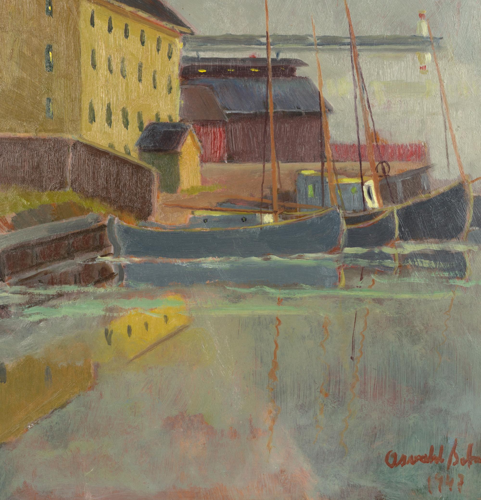 20th Century Mid-Century Oil on Board Boat Harbour Scene Signed, 1947 For Sale