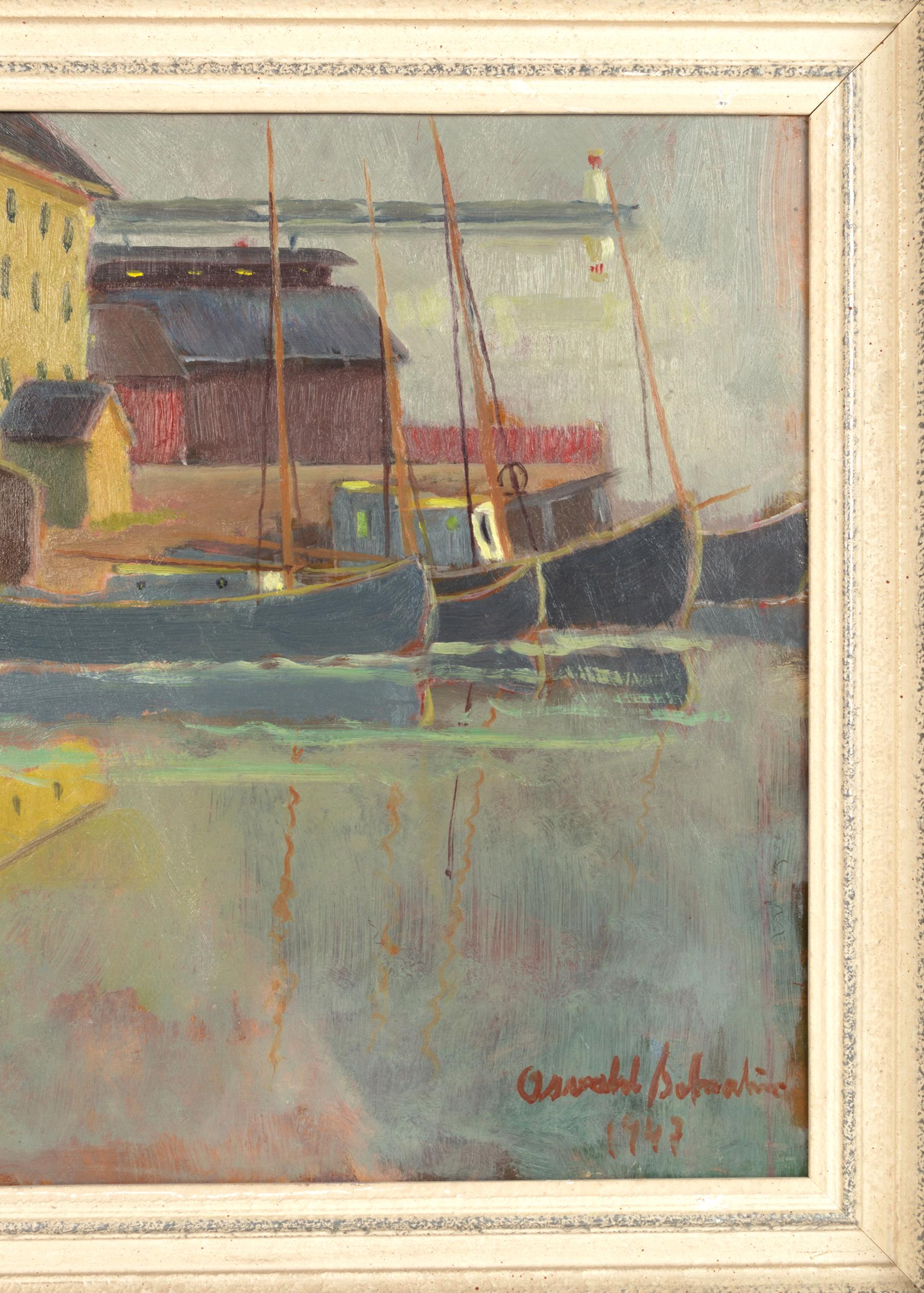 Peinture Huile sur panneau du milieu du siècle représentant une scène de port, signée par un bateau, 1947 en vente