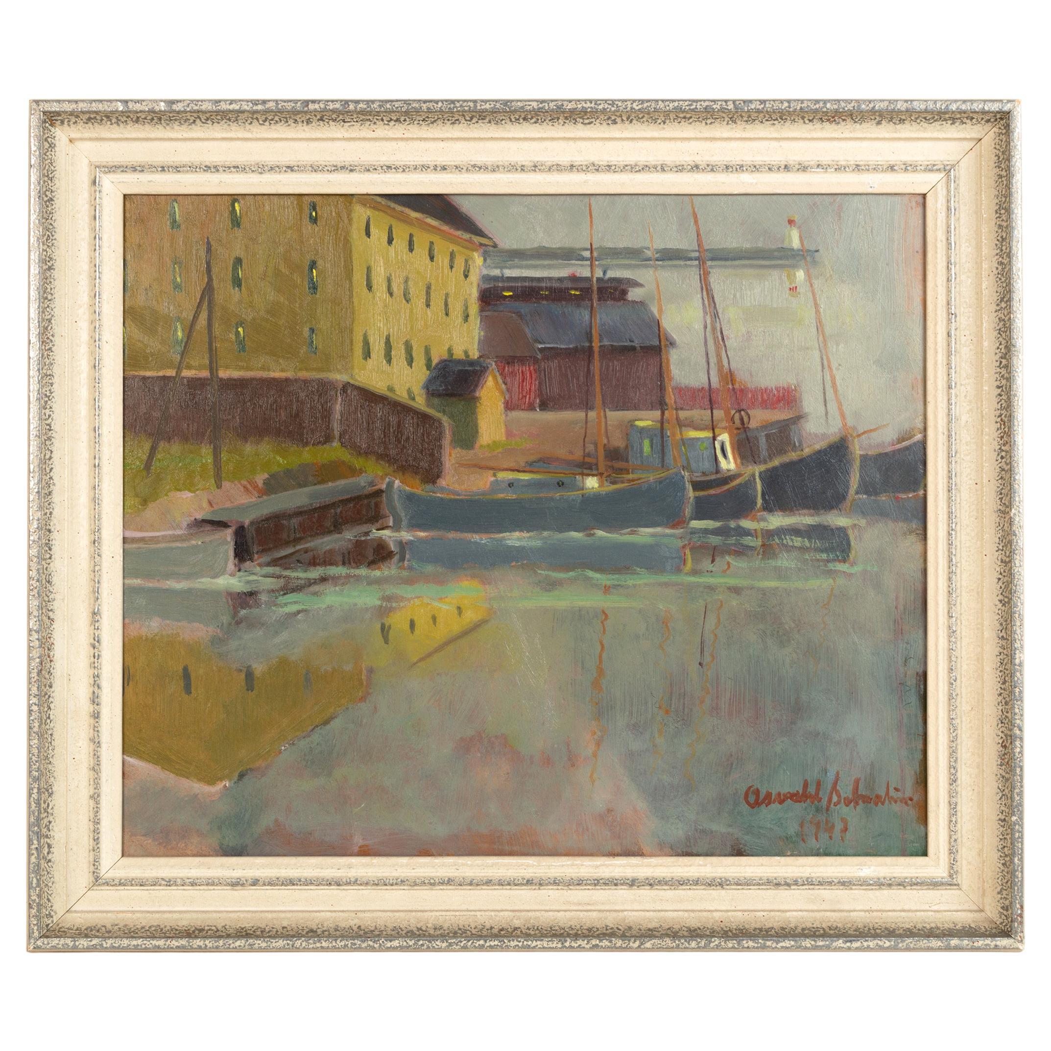 Mid-Century Oil on Board Boat Harbour Scene Signed, 1947 For Sale