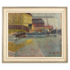 Mid-Century Oil on Board Boat Harbour Scene Signed, 1947
