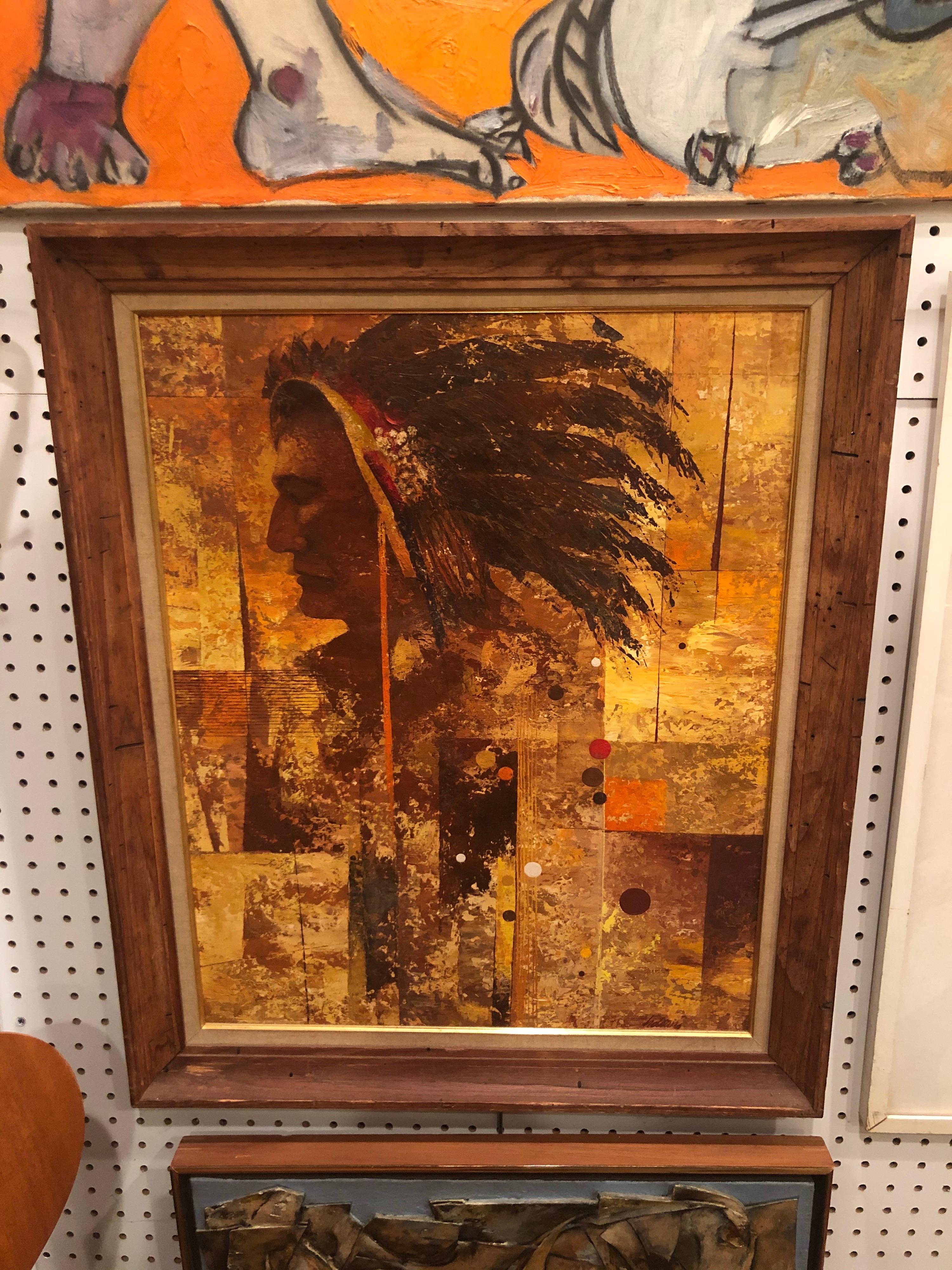Mid Century oil on board of an American Indian. Nice heavy impasto style. In a wooden wormhole styled fame. Will fit in with any Arts & Crafts or ranch style décor. Signature illegible but may be H. Deans.