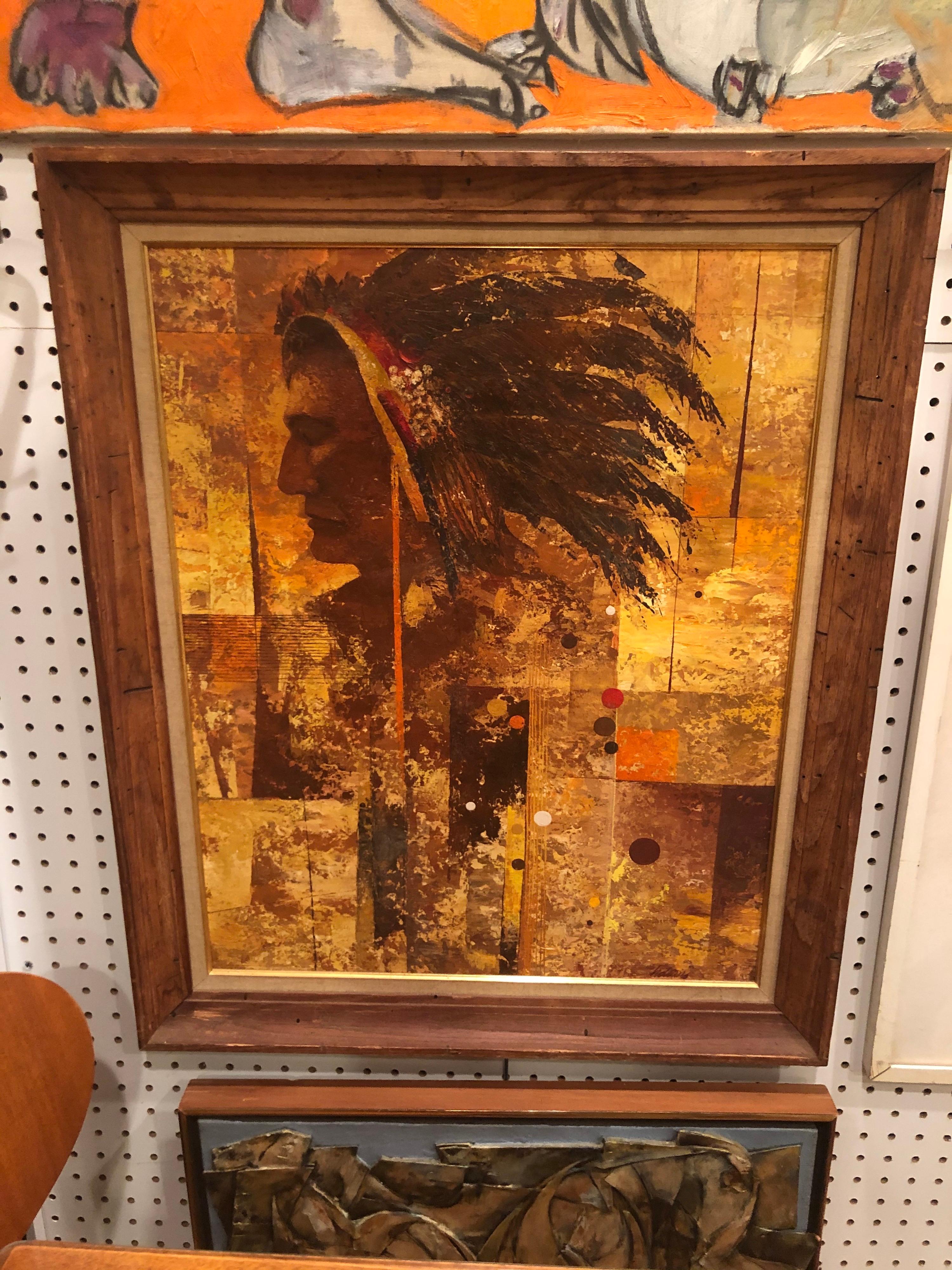 Mid-Century Modern Mid Century Oil on Board of an American Indian  For Sale