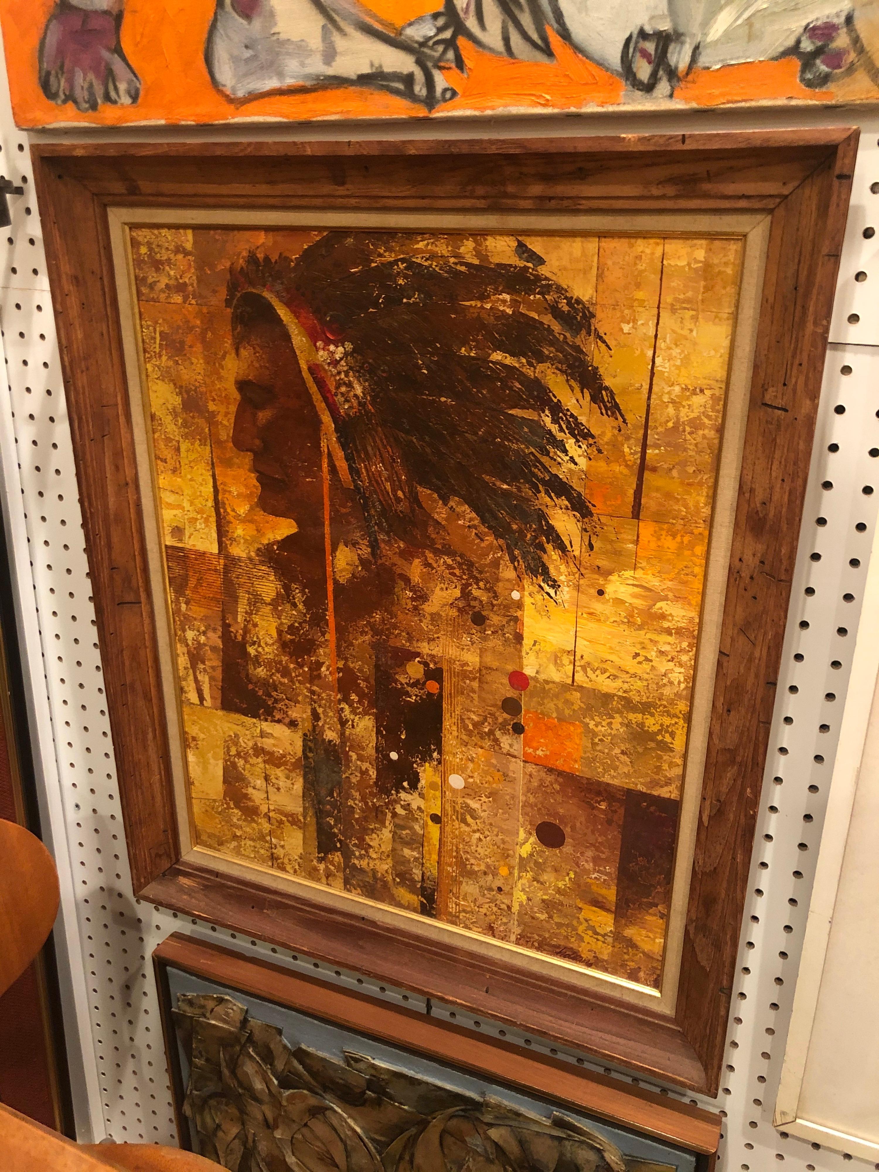 Mid Century Oil on Board of an American Indian  In Good Condition For Sale In Redding, CT