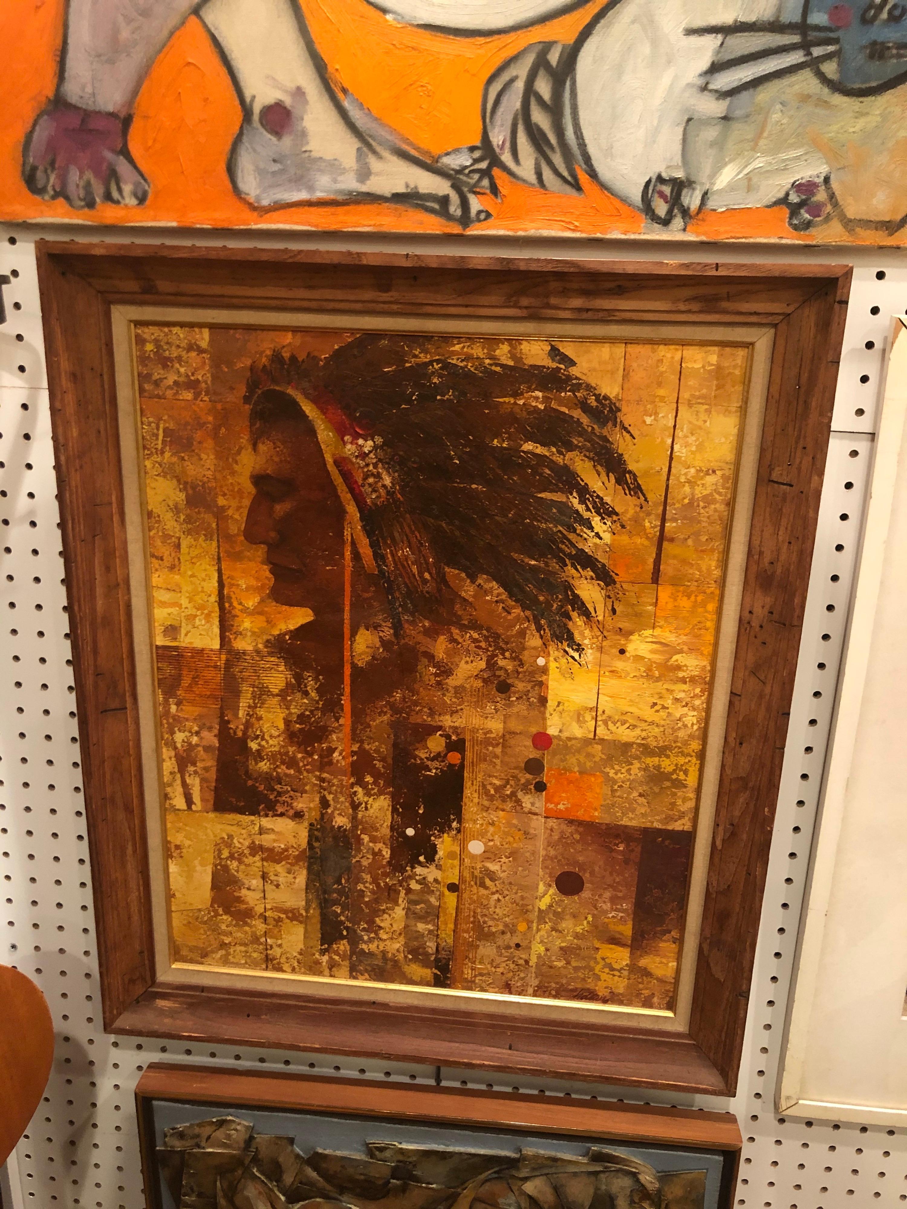 Late 20th Century Mid Century Oil on Board of an American Indian  For Sale