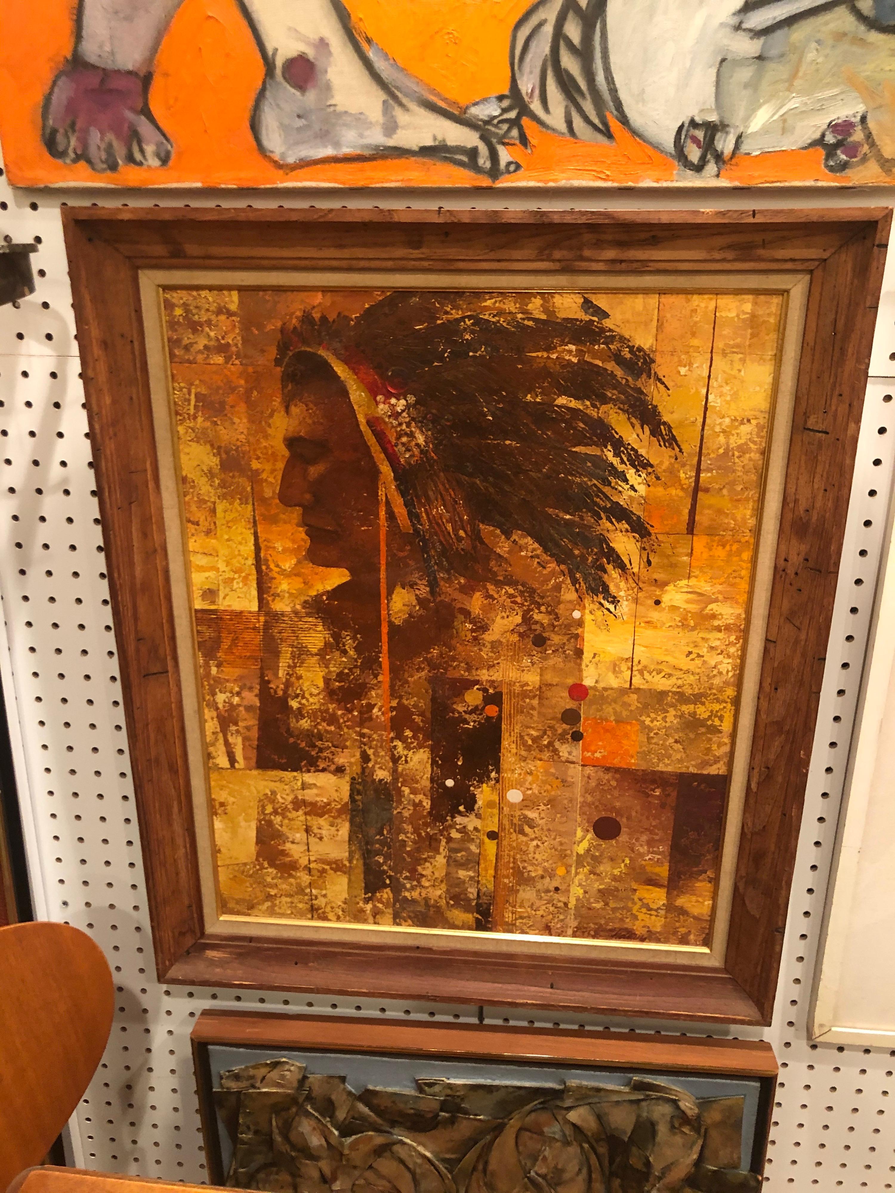 Masonite Mid Century Oil on Board of an American Indian  For Sale
