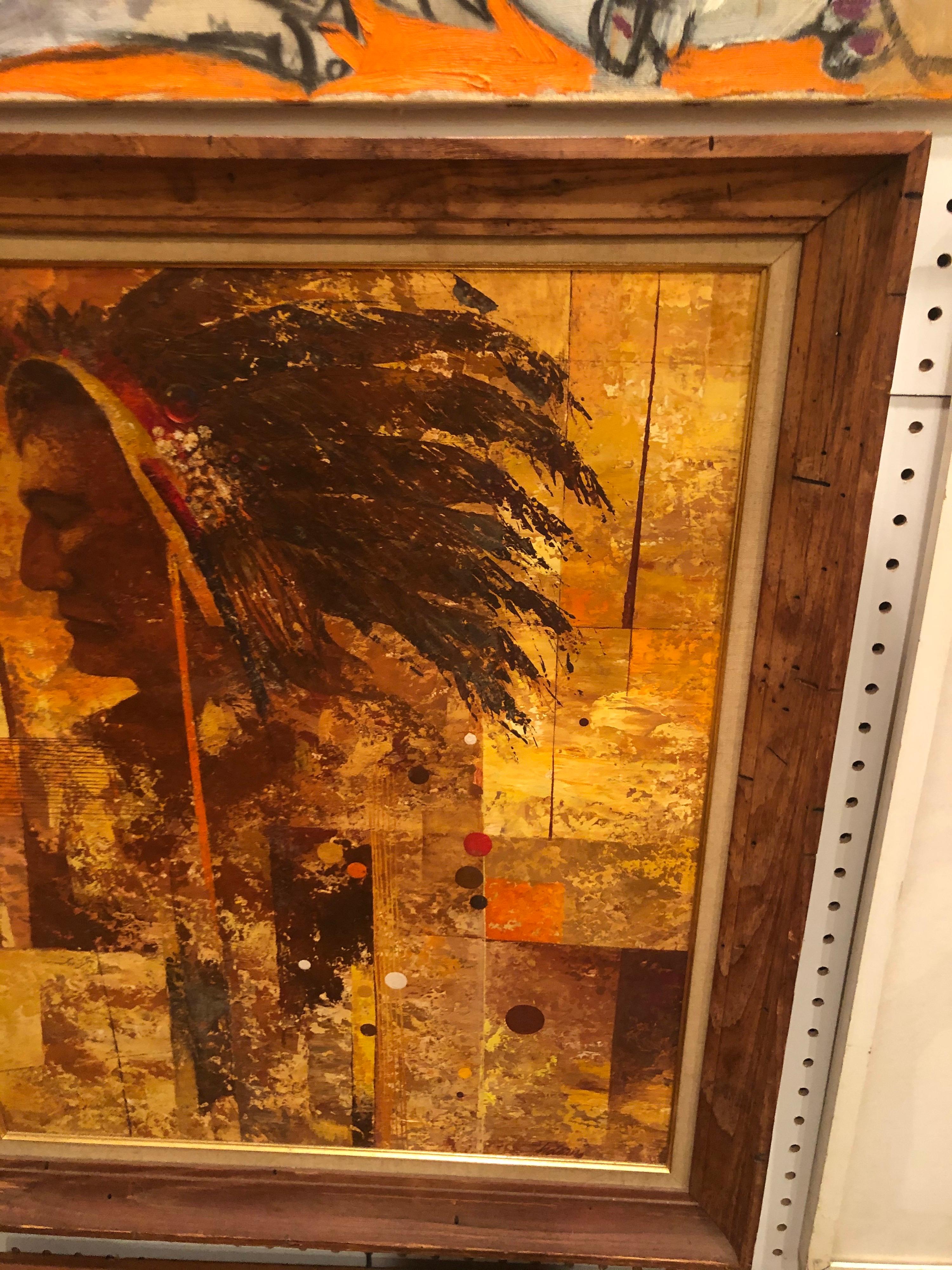 Olio su tavola di metà secolo raffigurante un indiano americano in vendita 2