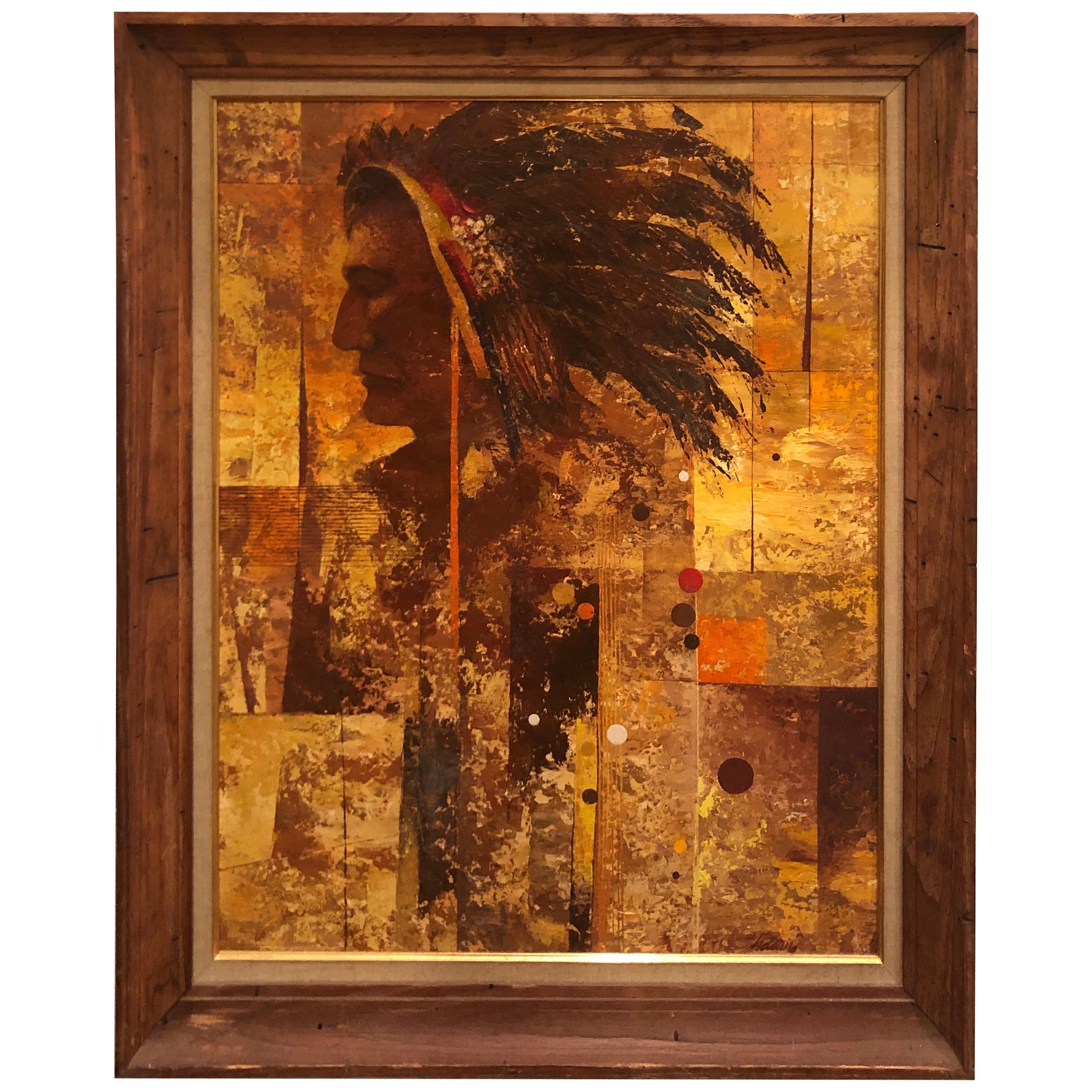 Mid Century Oil on Board of an American Indian  For Sale