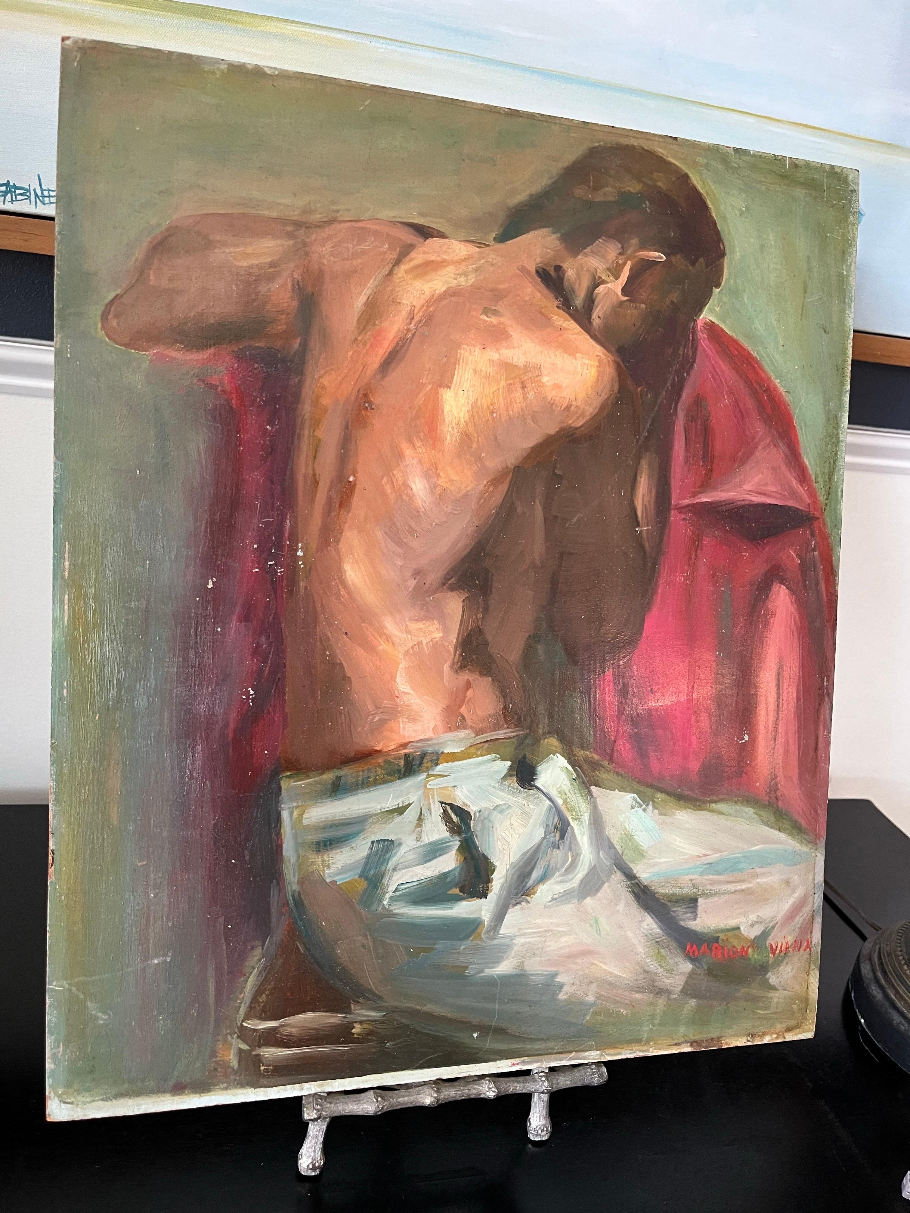 Pintura al óleo sobre tabla de mediados de siglo Hombre M Viana Moderno de mediados de siglo en venta