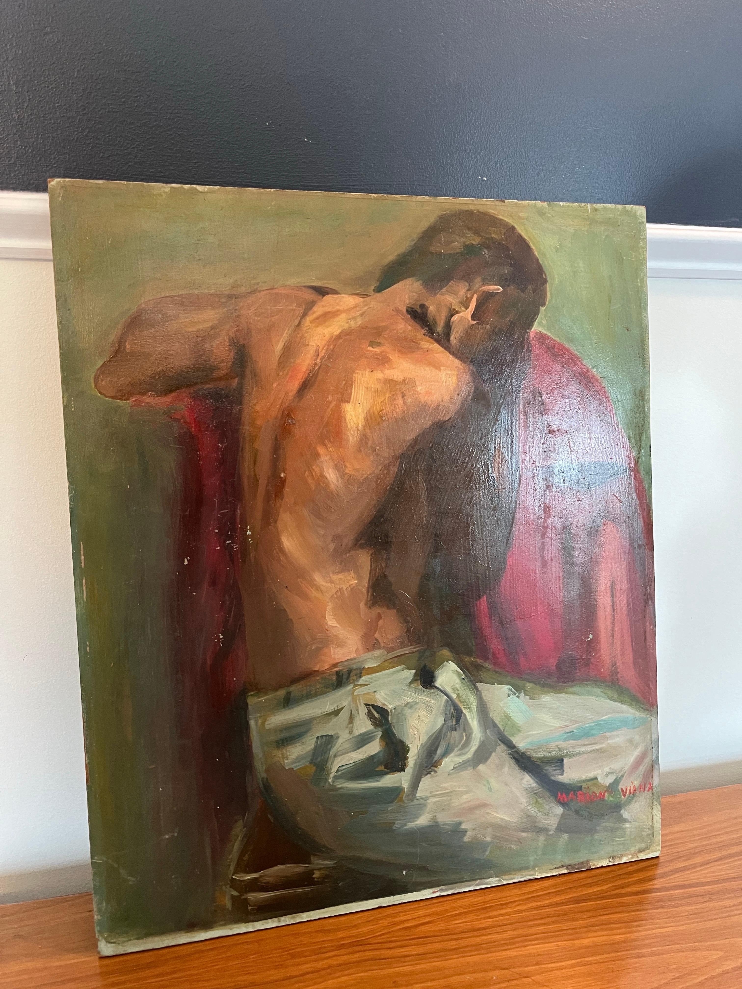 Pintura al óleo sobre tabla de mediados de siglo Hombre M Viana Estadounidense en venta