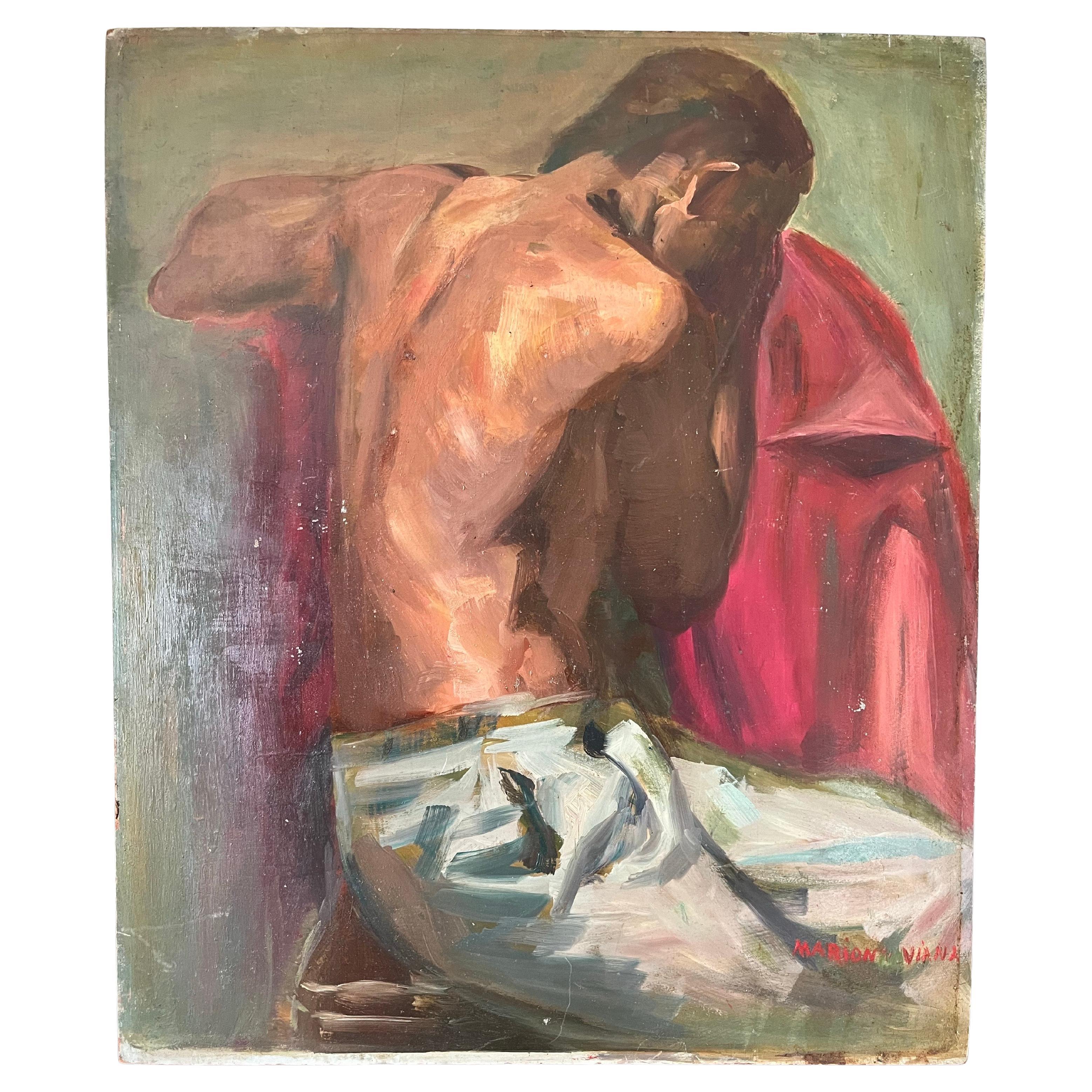 Mid Century Oil On Board Painting Man M Viana