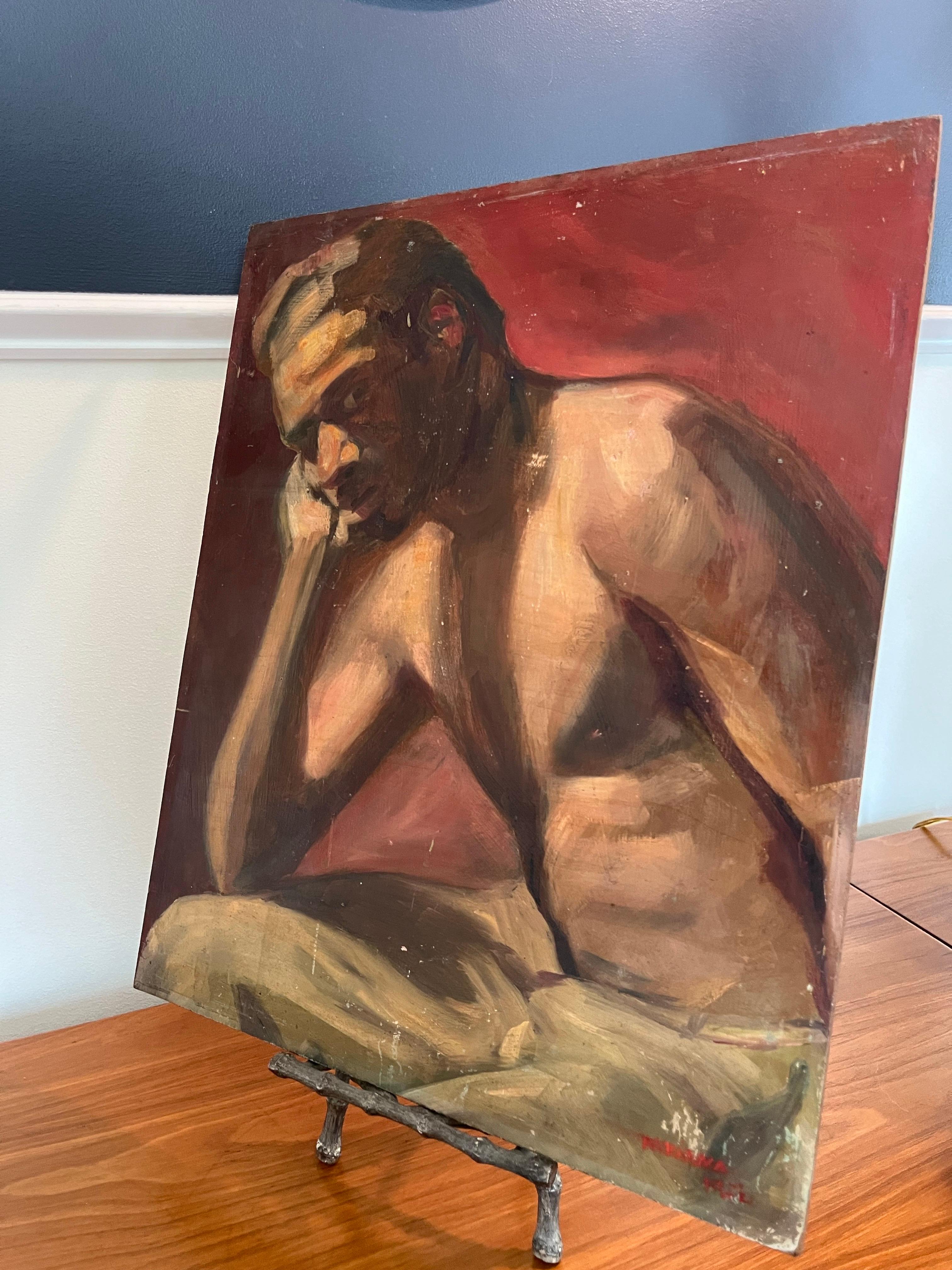 Pintura al óleo sobre tabla de mediados de siglo Hombre Marion Viana Moderno de mediados de siglo en venta