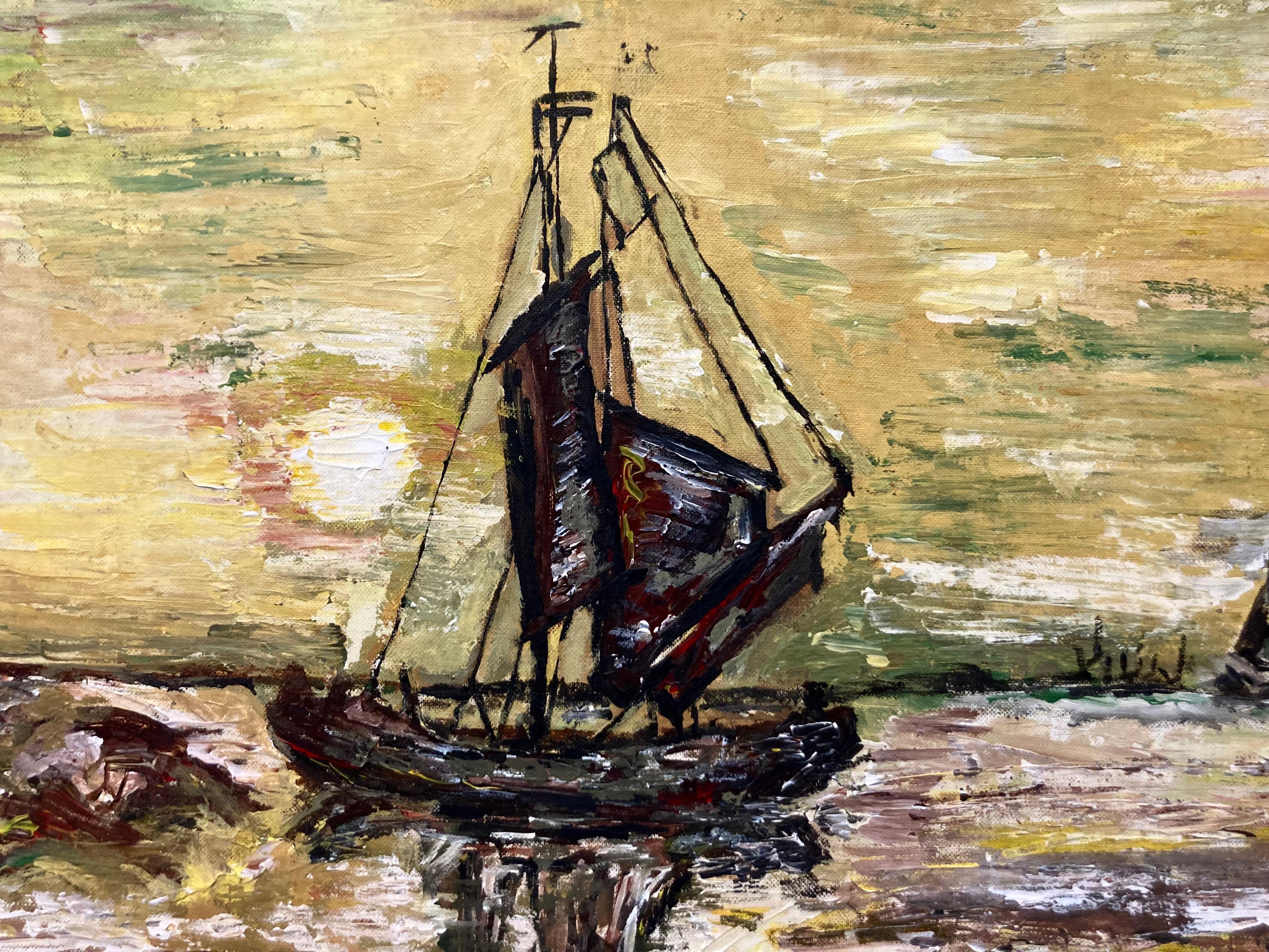 A Mid Century Impressionistic Oil on Board Painting of. sea Scape with Sailboats and a low Sun hanging in the sky. The Painting with a very interesting Palette of Mustard, Red, Yellow,  Green, Olive and Black and fine active brushstrokes evoking a