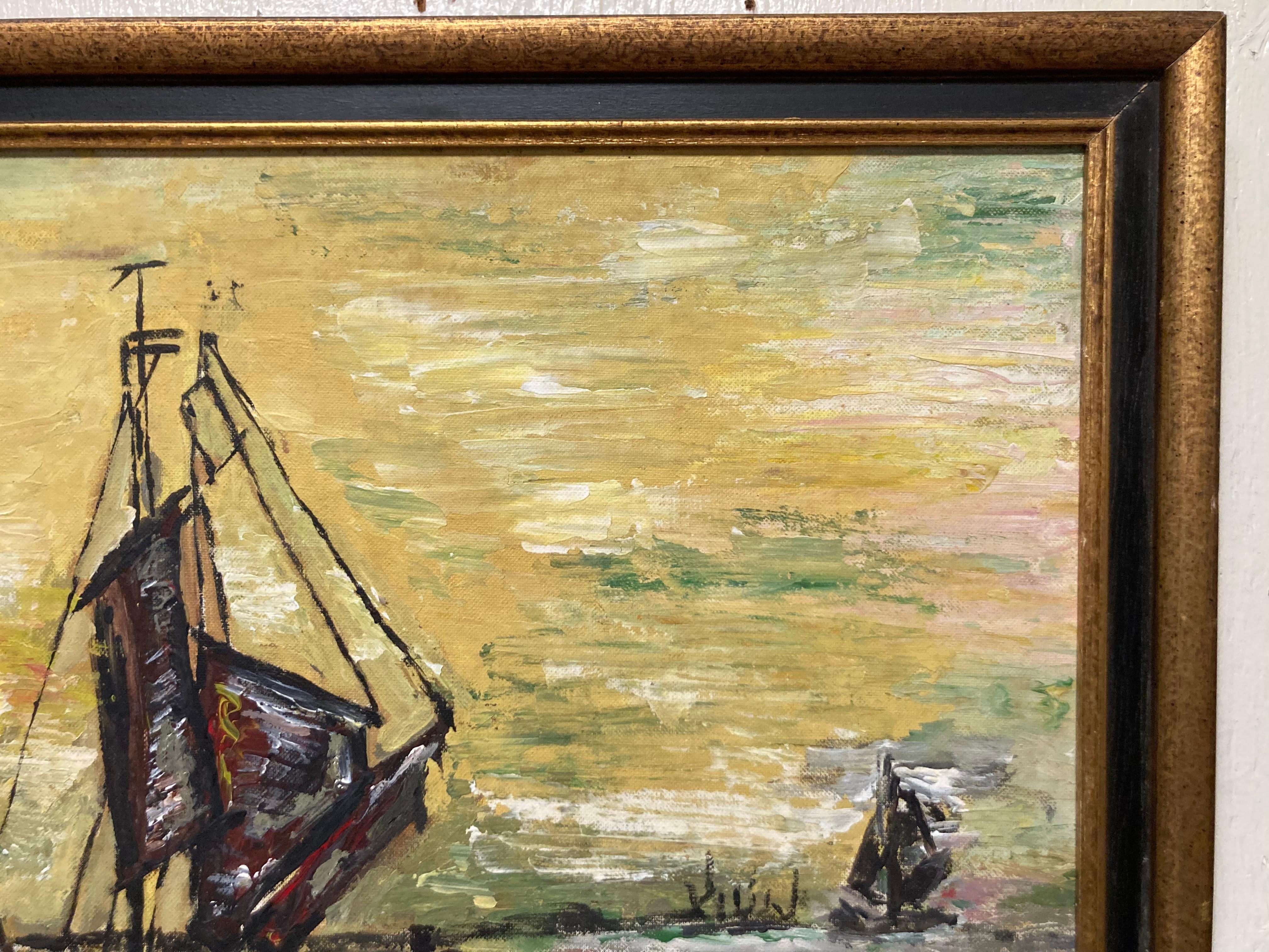 Mid Century Oil on Board Painting of a Sea Scape État moyen - En vente à Bridgeport, CT
