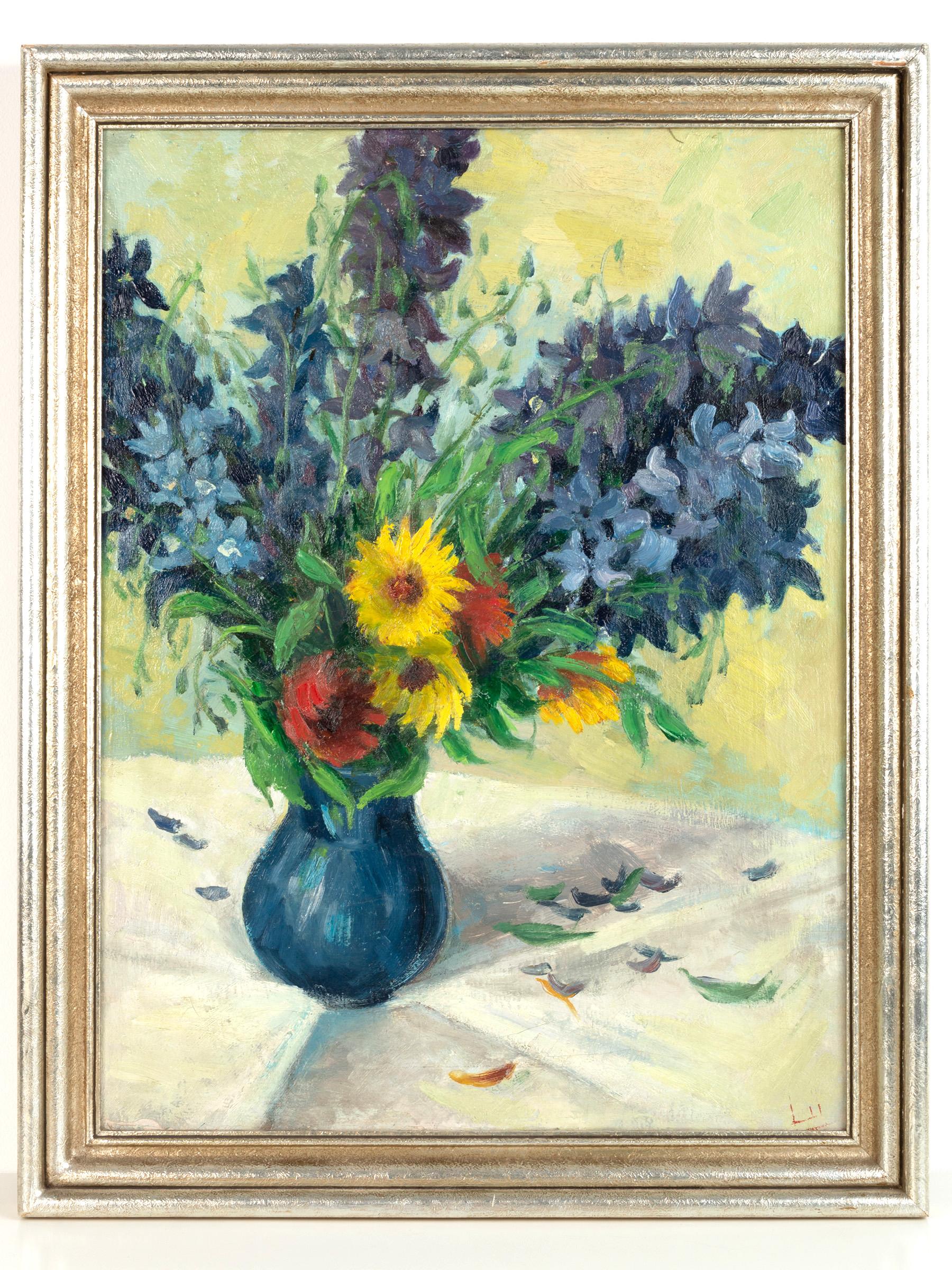 A mid-century oil on board still life hyacinths in a blue vase C.1950.

Set within a frame.
Good, vibrant colour.
Signed unclearly in bottom right corner.
Provenance: Private London Collection.

Very good condition commensurate of age.
 