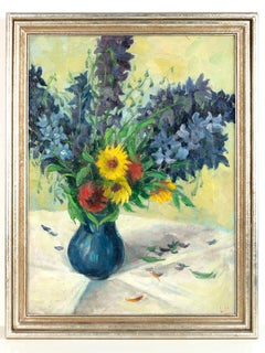 Mid-Century Oil on Board Still Life Hyacinths in a Blue Vase C.1950