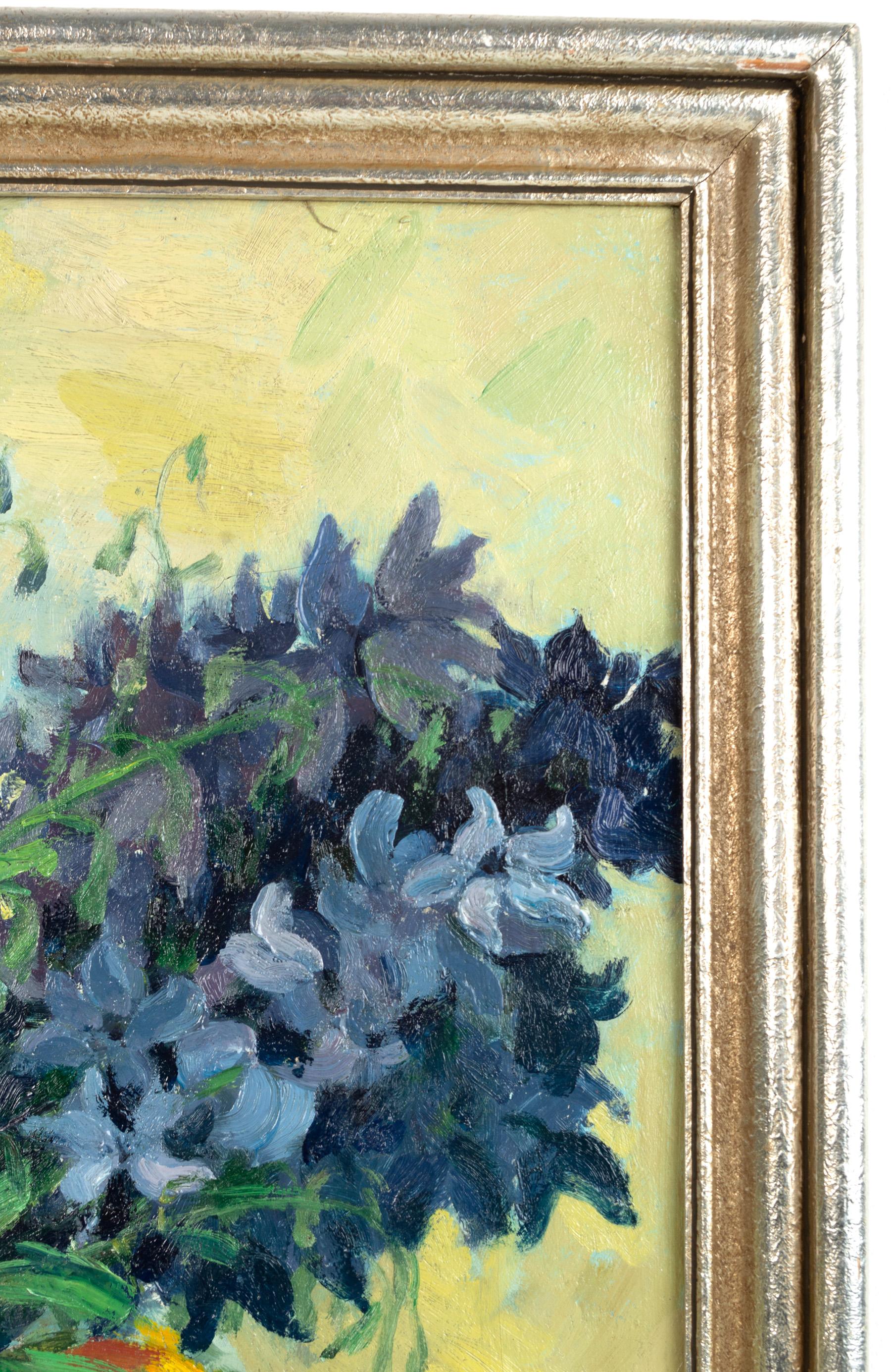 Paint Mid-Century Oil on Board Still Life Hyacinths in a Blue Vase C.1950 For Sale