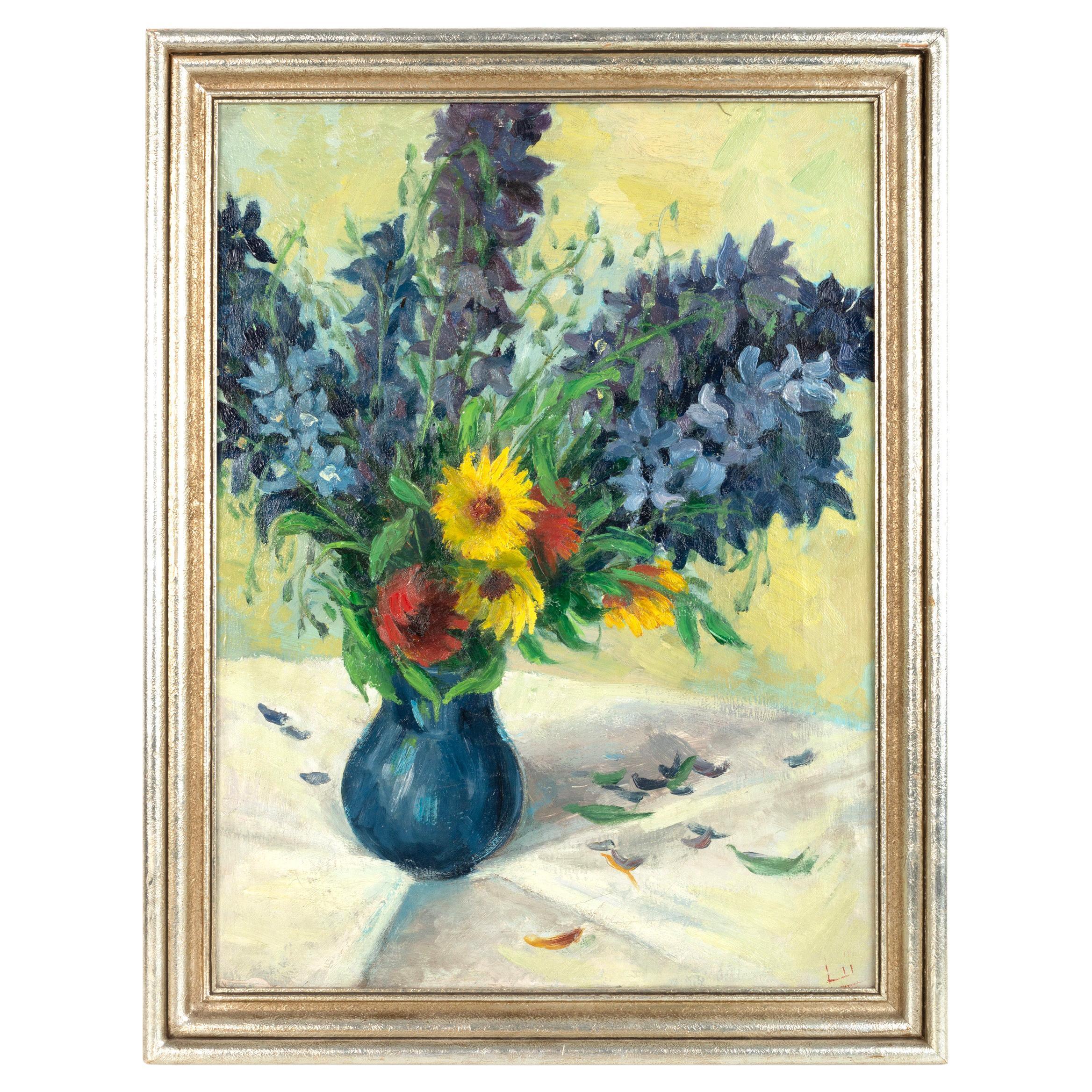Mid-Century Oil on Board Still Life Hyacinths in a Blue Vase C.1950 For Sale