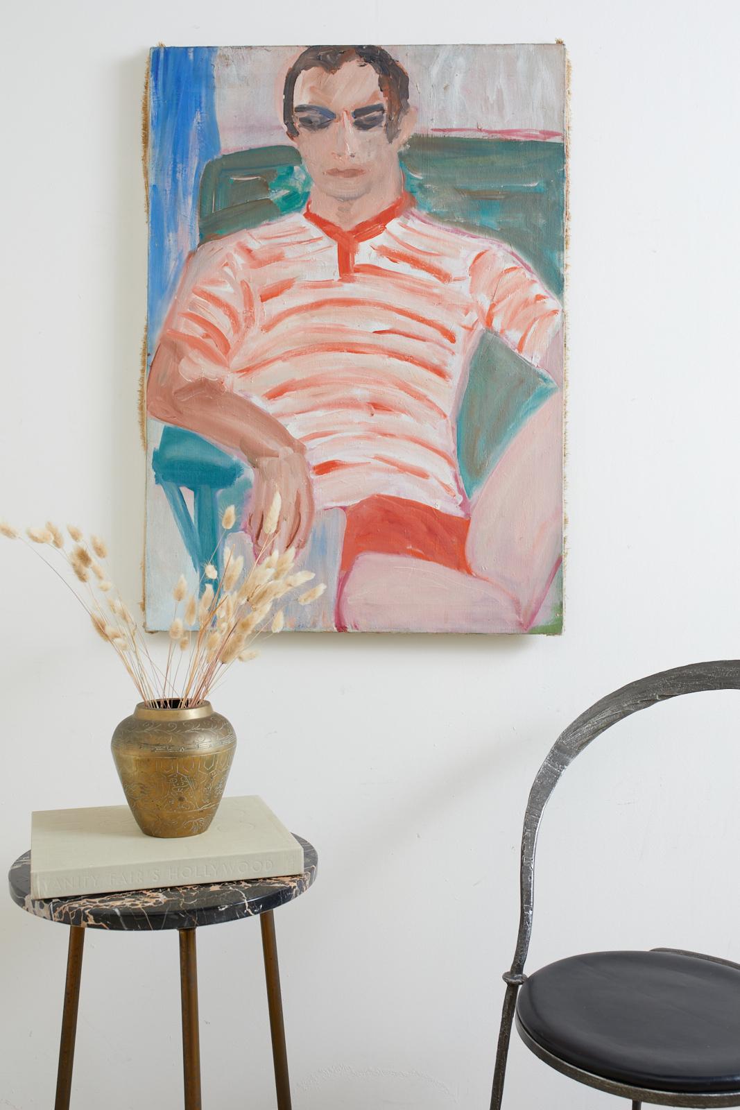 Charming Mid-Century Modern oil on canvas painting depicting a young man in a lounge chair at a beach house. Colorful Expressionist piece using thick brush strokes. Unframed canvas. From an estate in Malibu, CA.