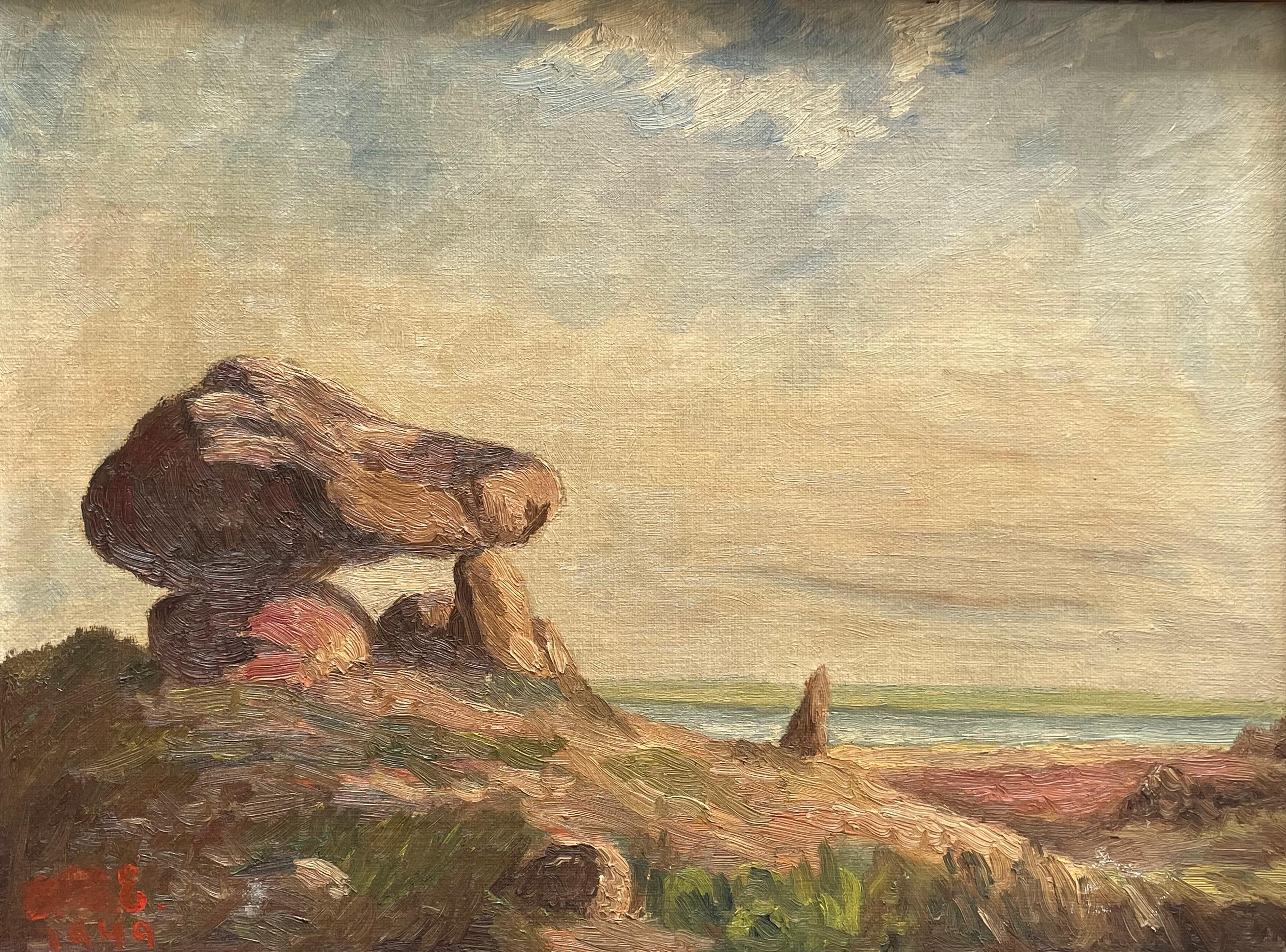 Beautiful vintage oil on plate painting of a famous Danish stone burial mound near Kalundborg. 
It is a copy of the famous painting “An Ancient Burial Mound at Raklev on Refsnæs” by Johan Thomas Lundbye from 1839.

It is framed in a gold painted