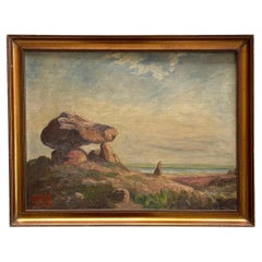 Mid century oil on canvas Danish vintage painting of burial mound in Kalundborg