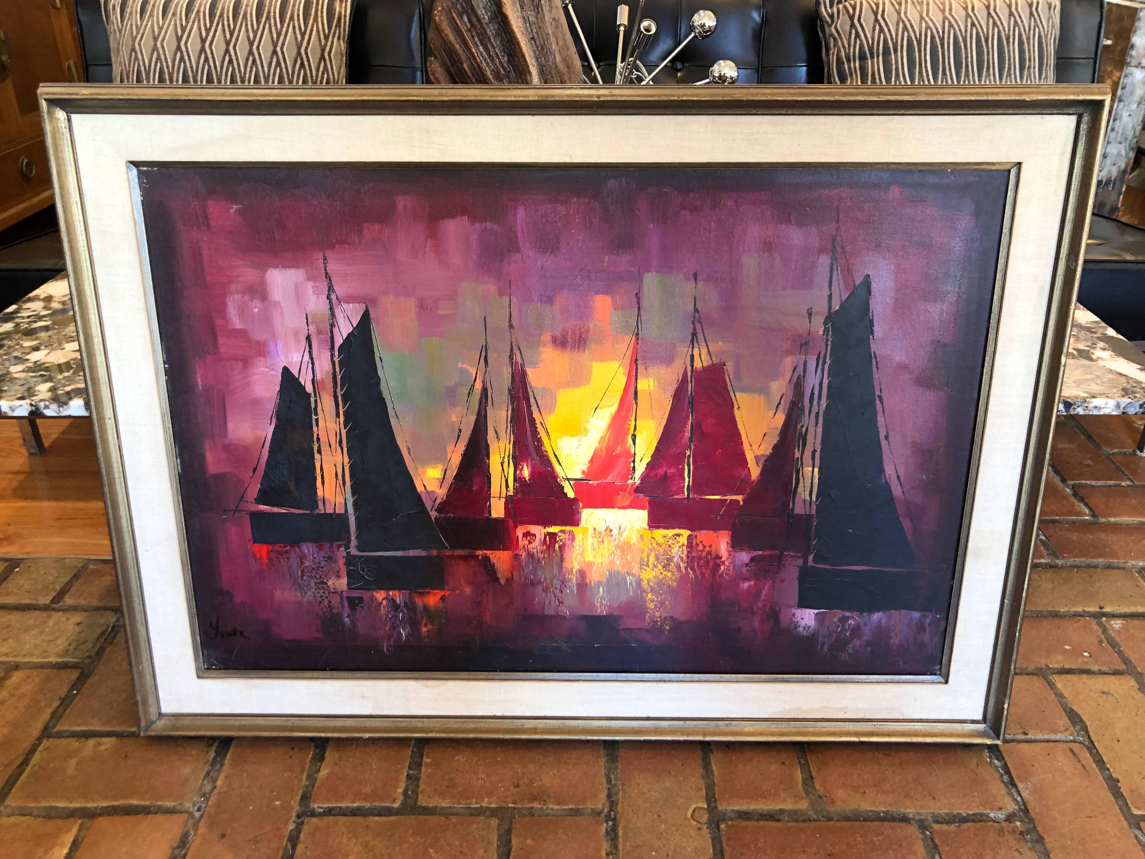 Mid-Century oil on canvas of sailboats. Vibrant colors and shapes make up this beauty drawing your eye right to it. Signed lower right 