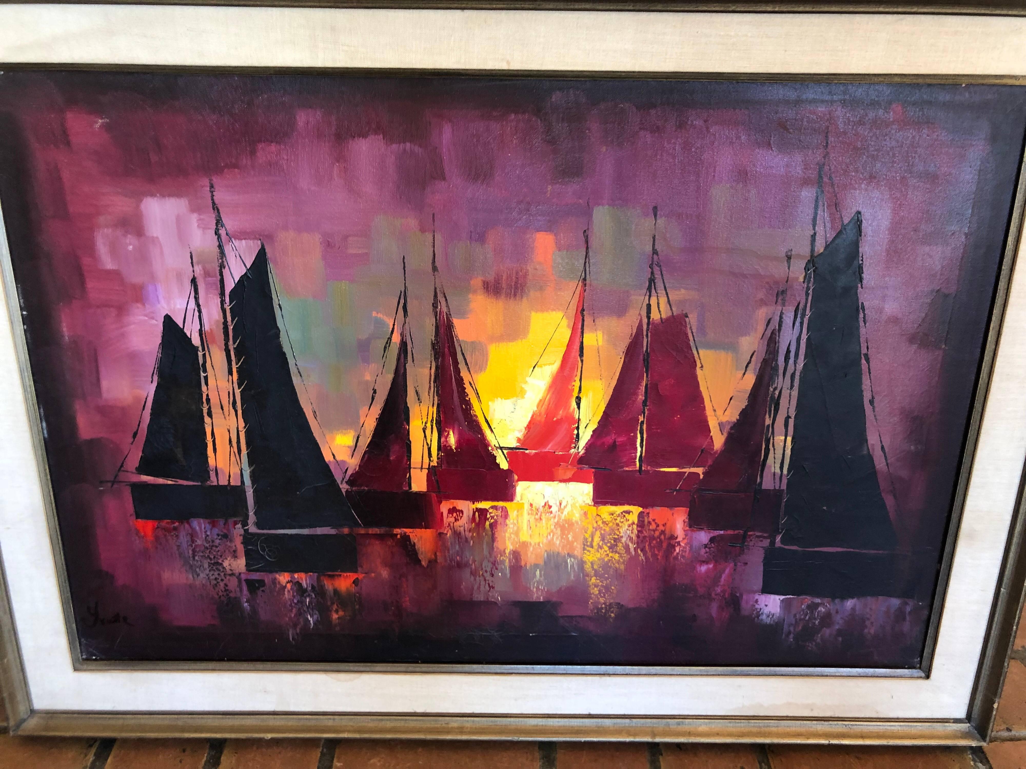 Mid-Century Modern Mid-Century Oil on Canvas of Sailboats