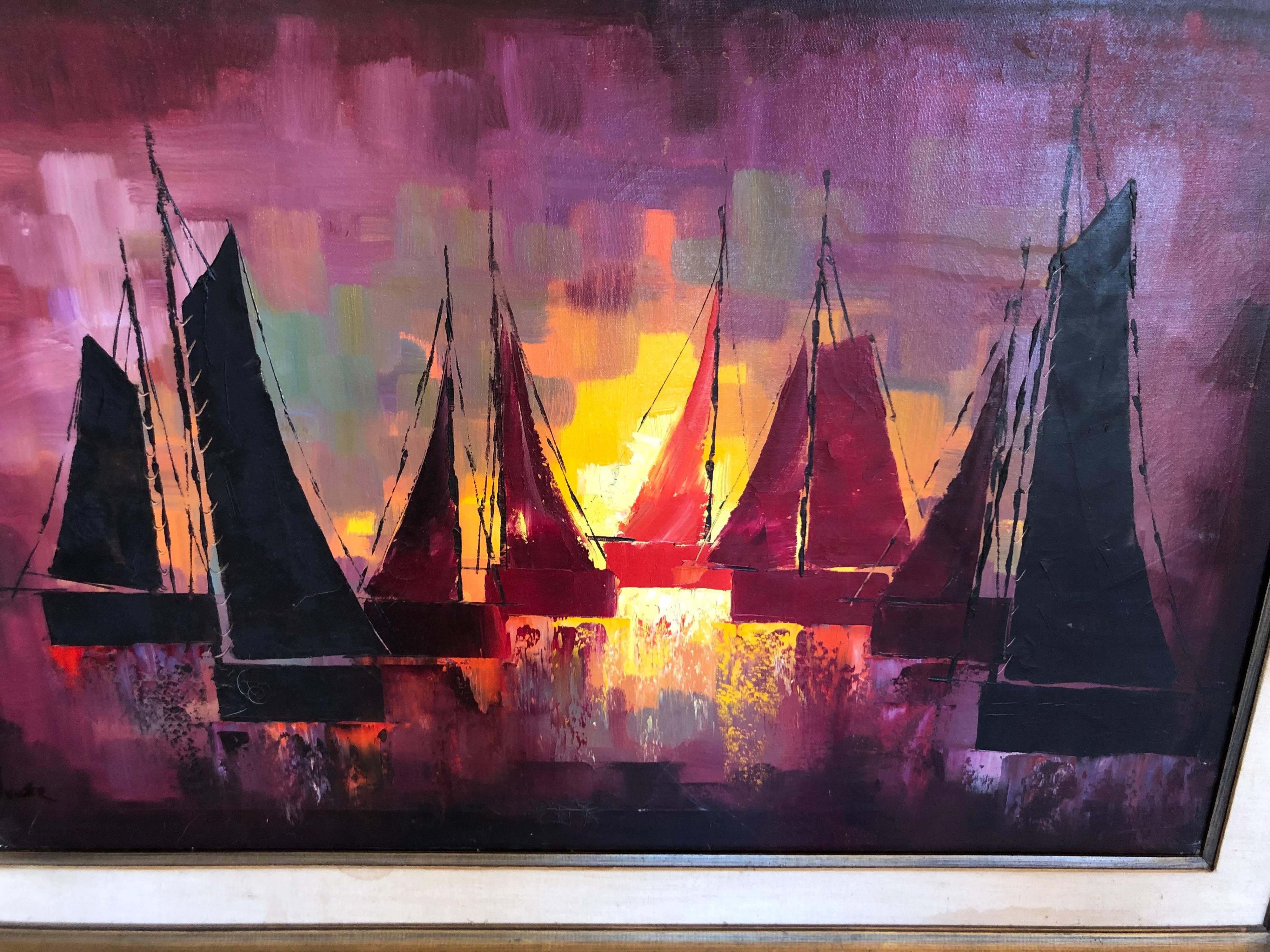 Mid-Century Oil on Canvas of Sailboats In Good Condition In Redding, CT