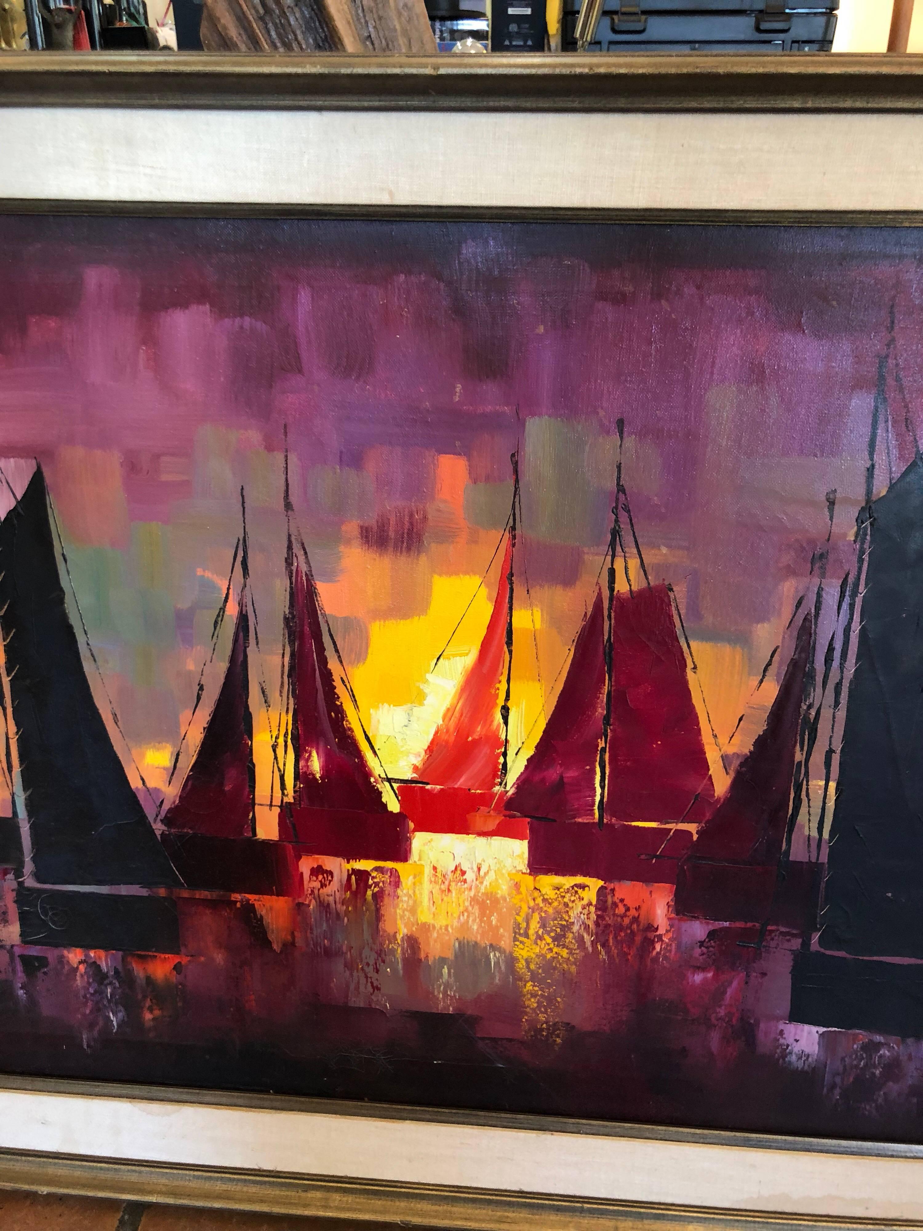 Mid-Century Oil on Canvas of Sailboats 1