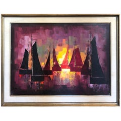 Vintage Mid-Century Oil on Canvas of Sailboats