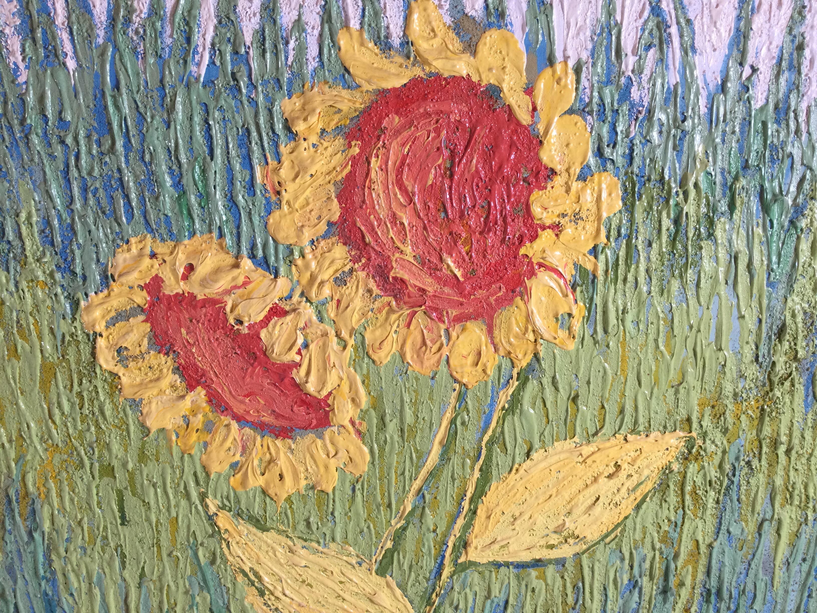 Vibrant impressionist painting of sunflowers in a field, large 46 inches square.