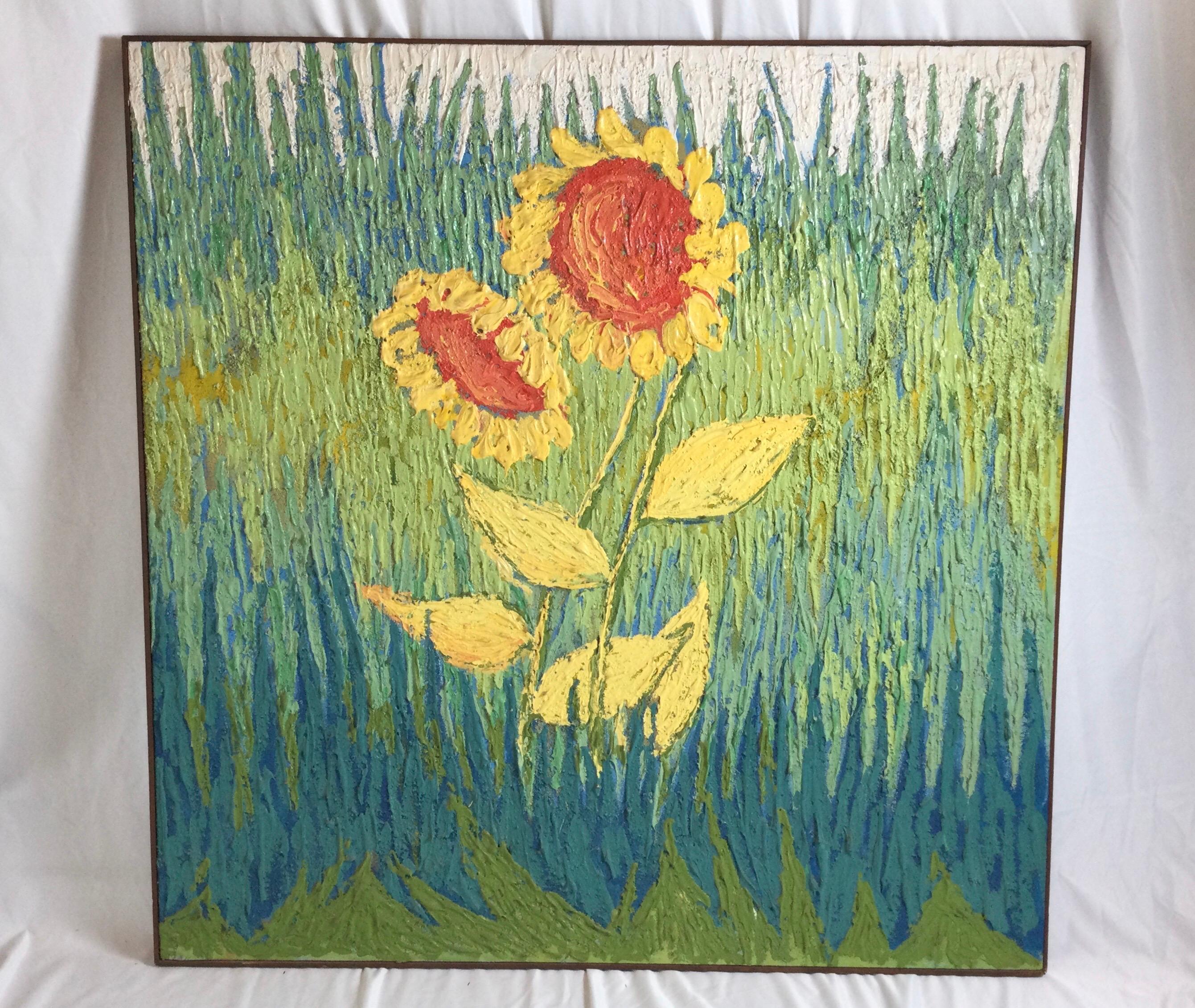 Midcentury Oil on Canvas of Sunflowers 1
