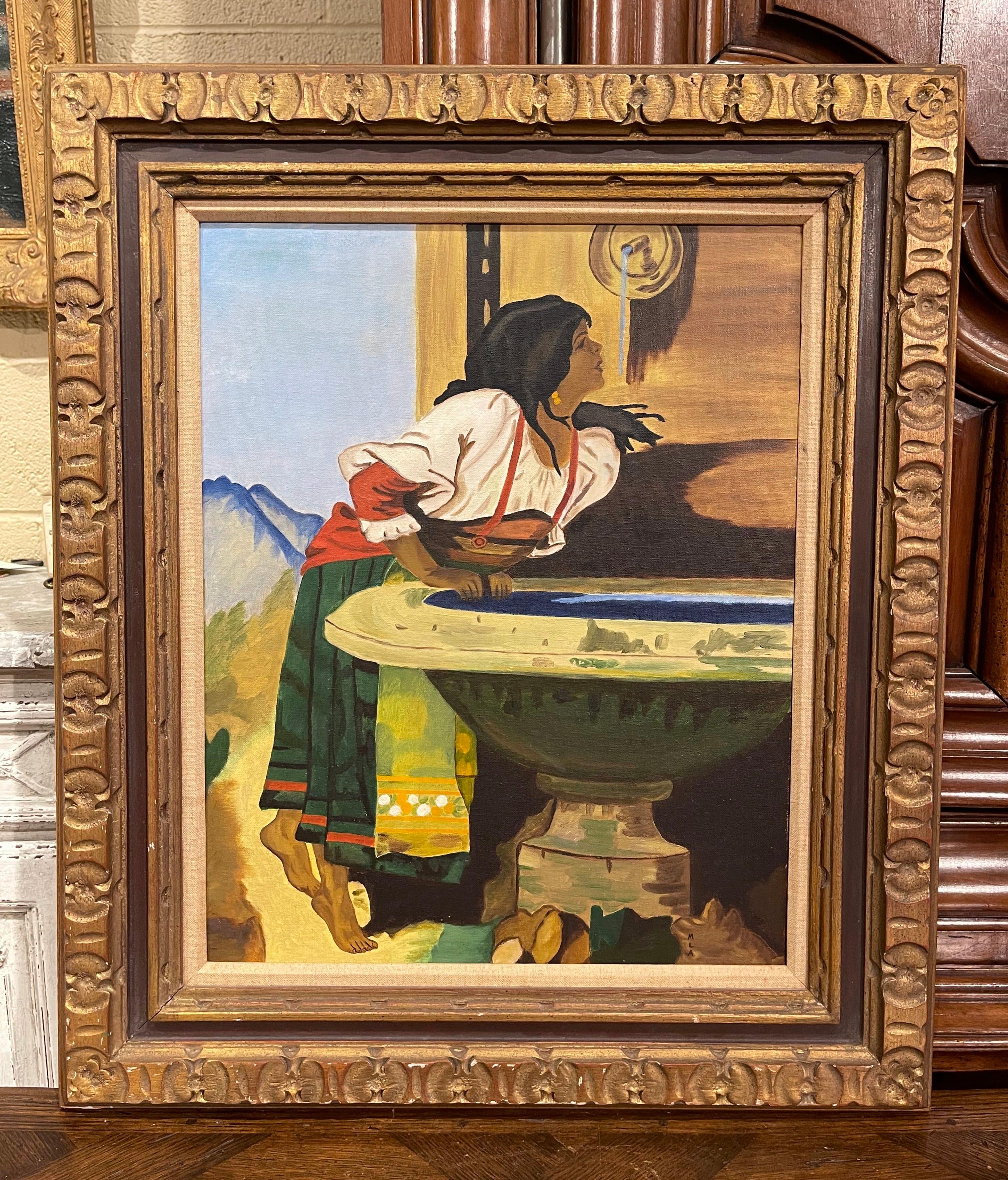 Mid-Century Oil on Canvas Painting in Gilt Frame Signed MLA After Leon Bonnat In Excellent Condition For Sale In Dallas, TX