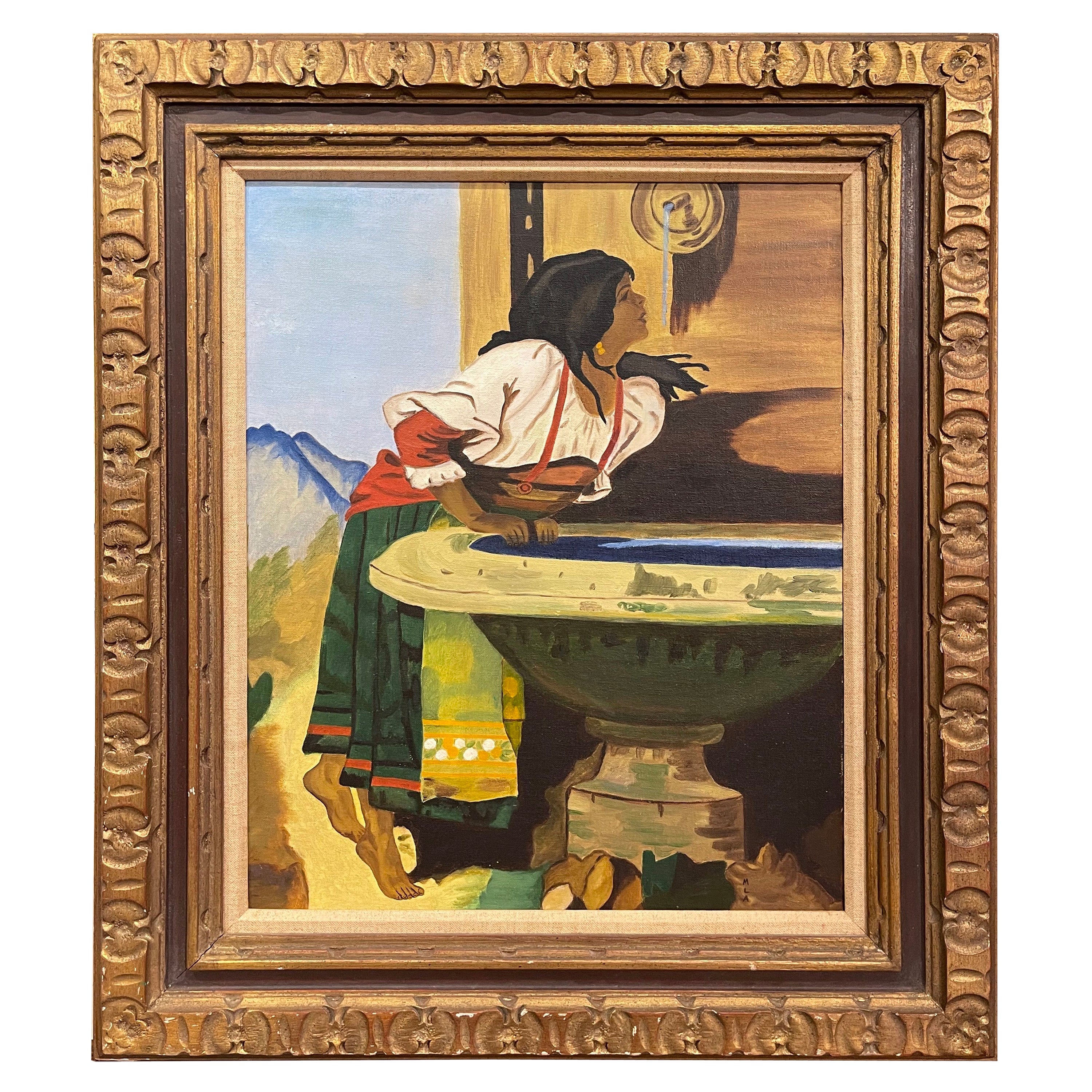 Mid-Century Oil on Canvas Painting in Gilt Frame Signed MLA After Leon Bonnat For Sale