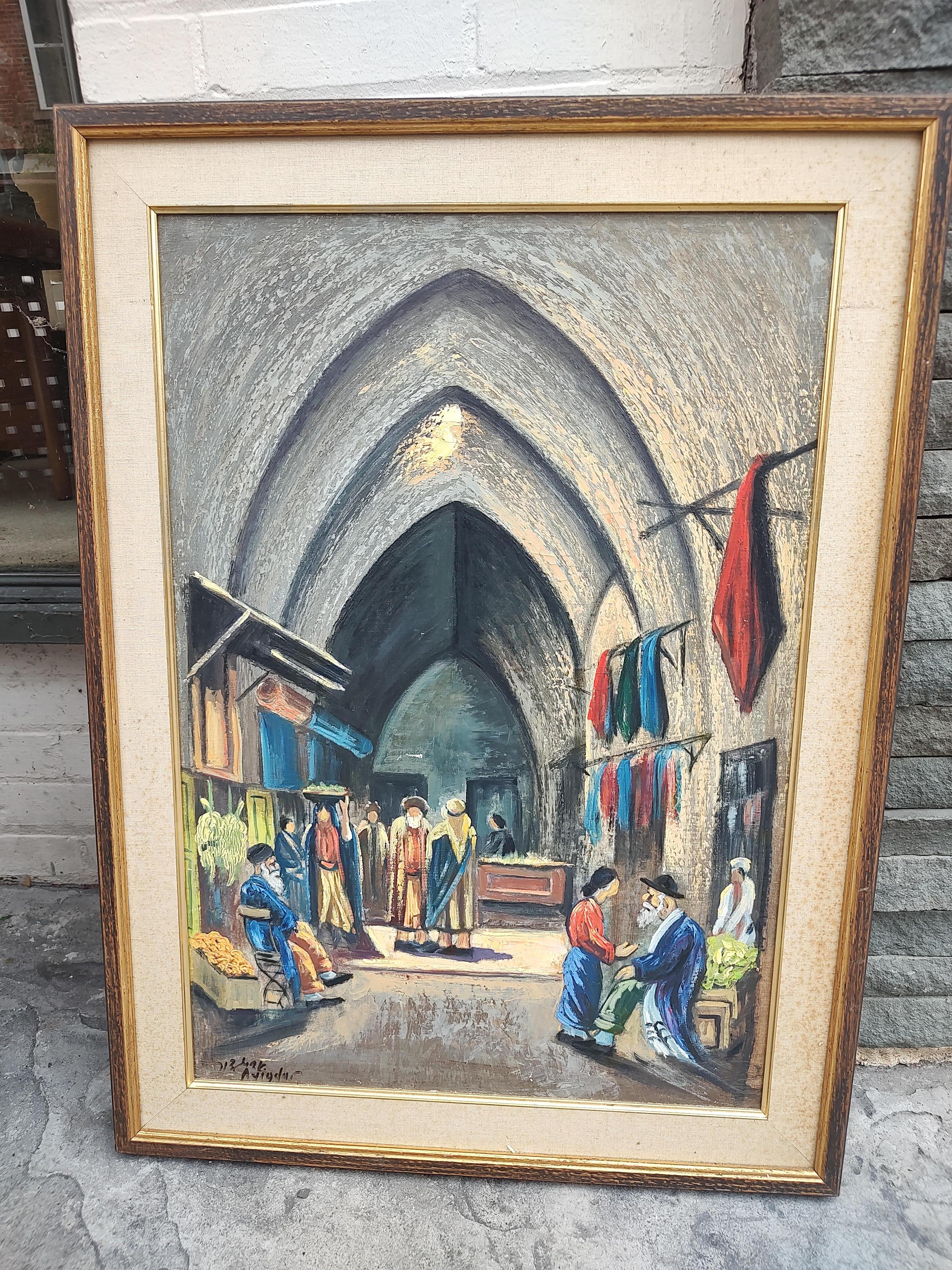 Midcentury Oil on Canvas Painting Merchants in an Old Jerusalem Market Setting For Sale 2