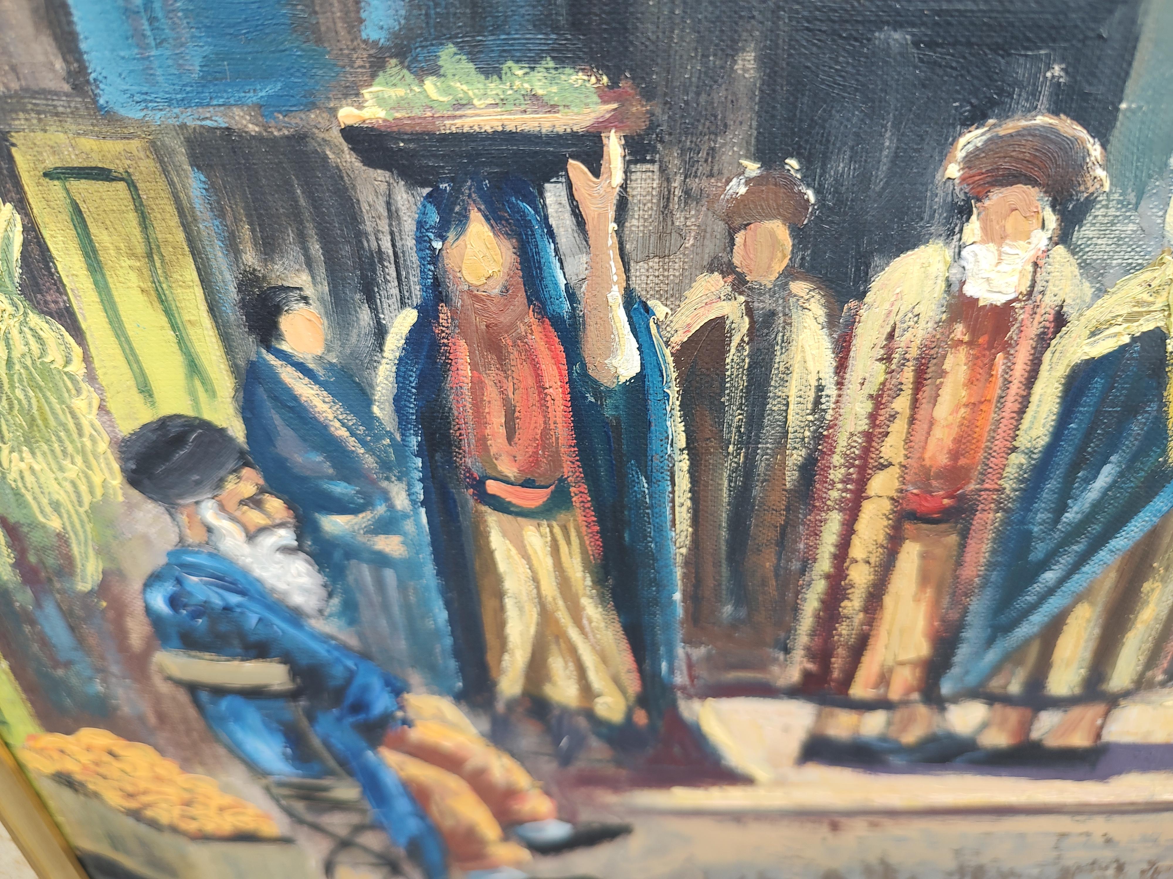 American Midcentury Oil on Canvas Painting Merchants in an Old Jerusalem Market Setting For Sale