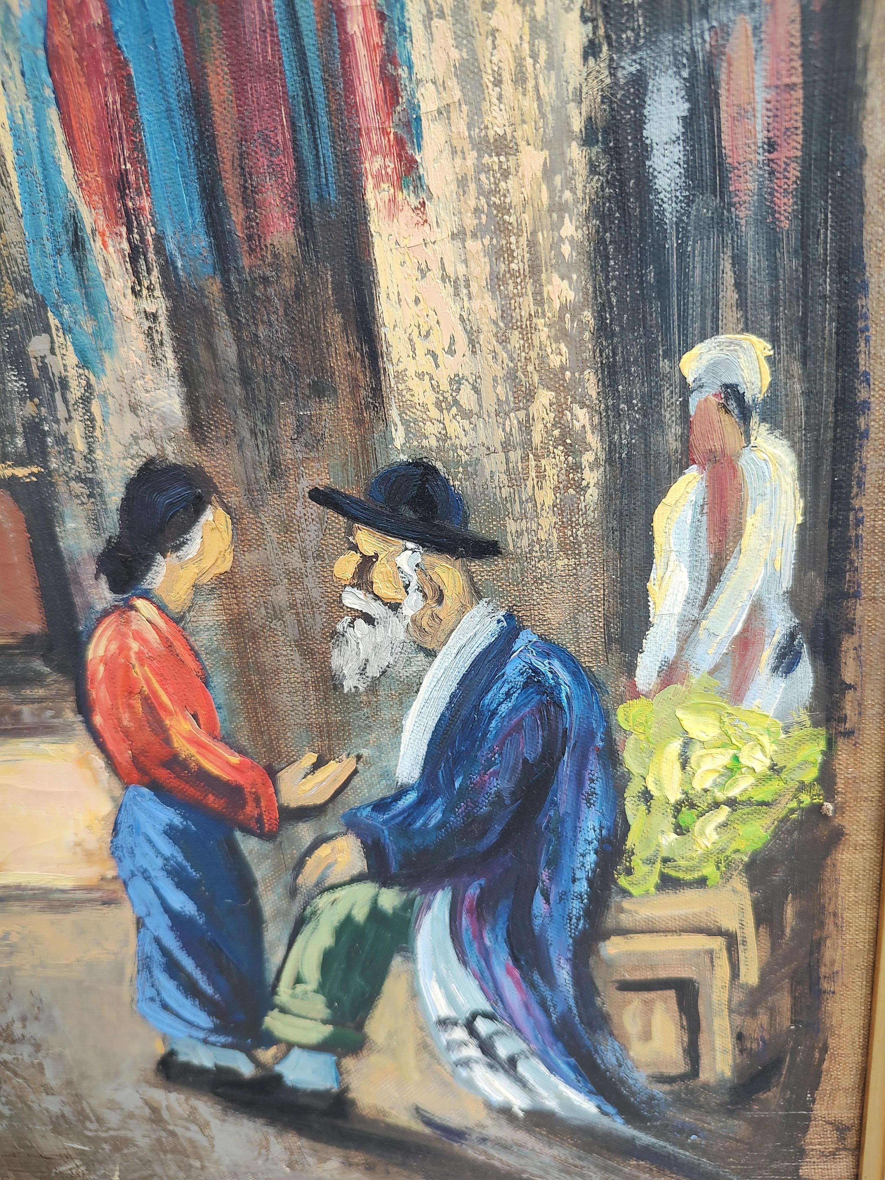 Hand-Crafted Midcentury Oil on Canvas Painting Merchants in an Old Jerusalem Market Setting For Sale