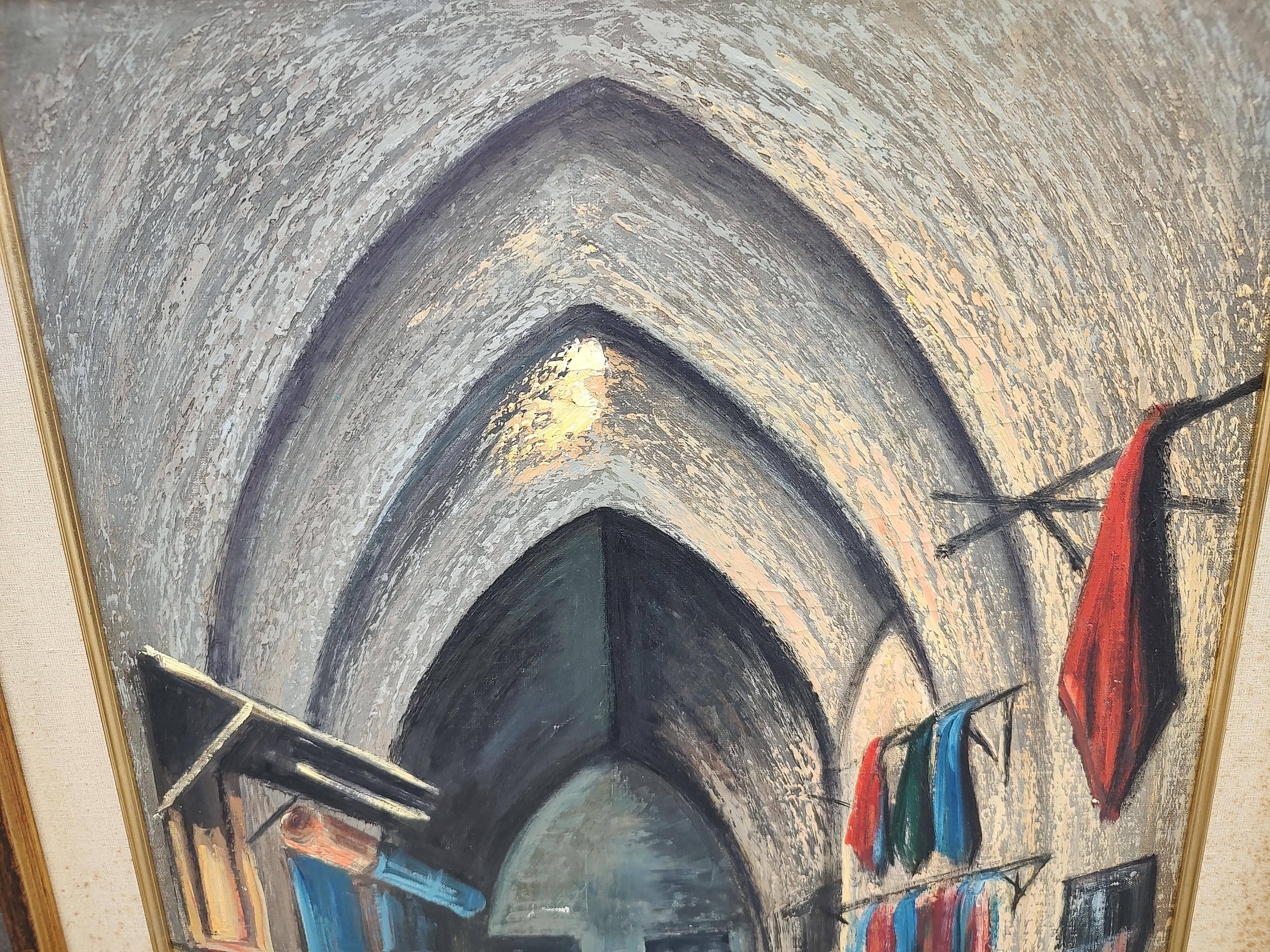 Midcentury Oil on Canvas Painting Merchants in an Old Jerusalem Market Setting In Good Condition For Sale In Port Jervis, NY