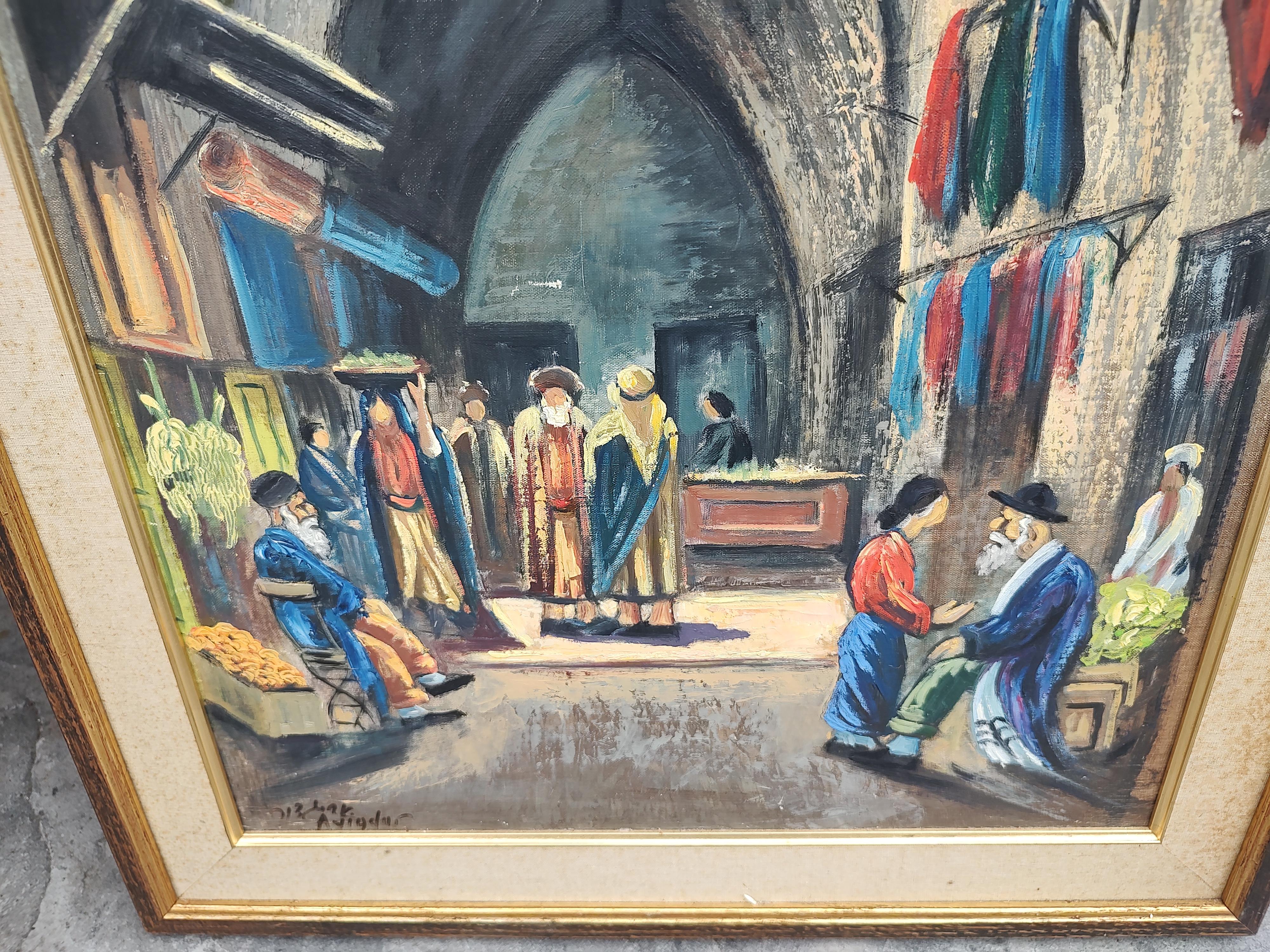 Mid-20th Century Midcentury Oil on Canvas Painting Merchants in an Old Jerusalem Market Setting For Sale