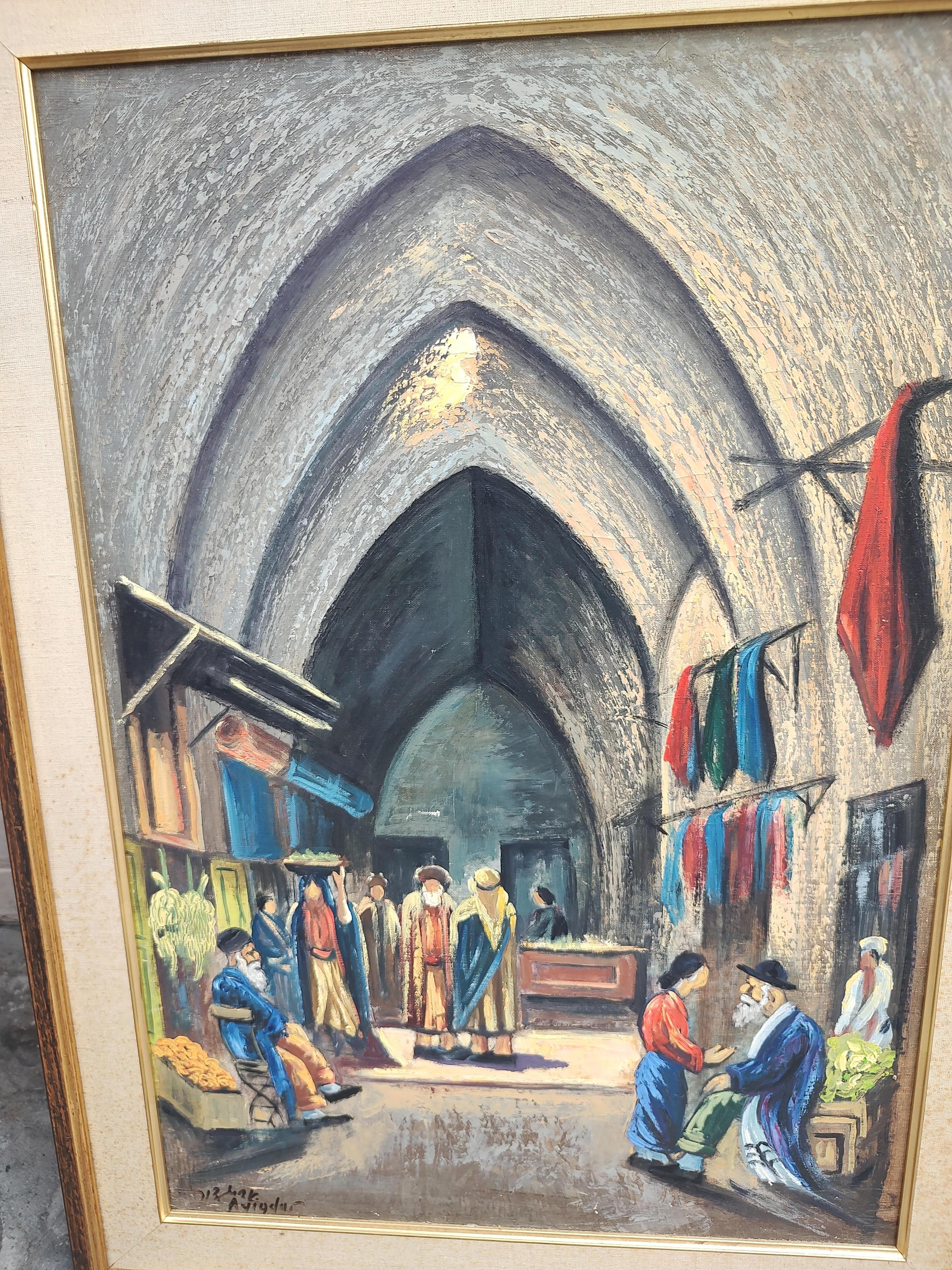 Midcentury Oil on Canvas Painting Merchants in an Old Jerusalem Market Setting For Sale 1