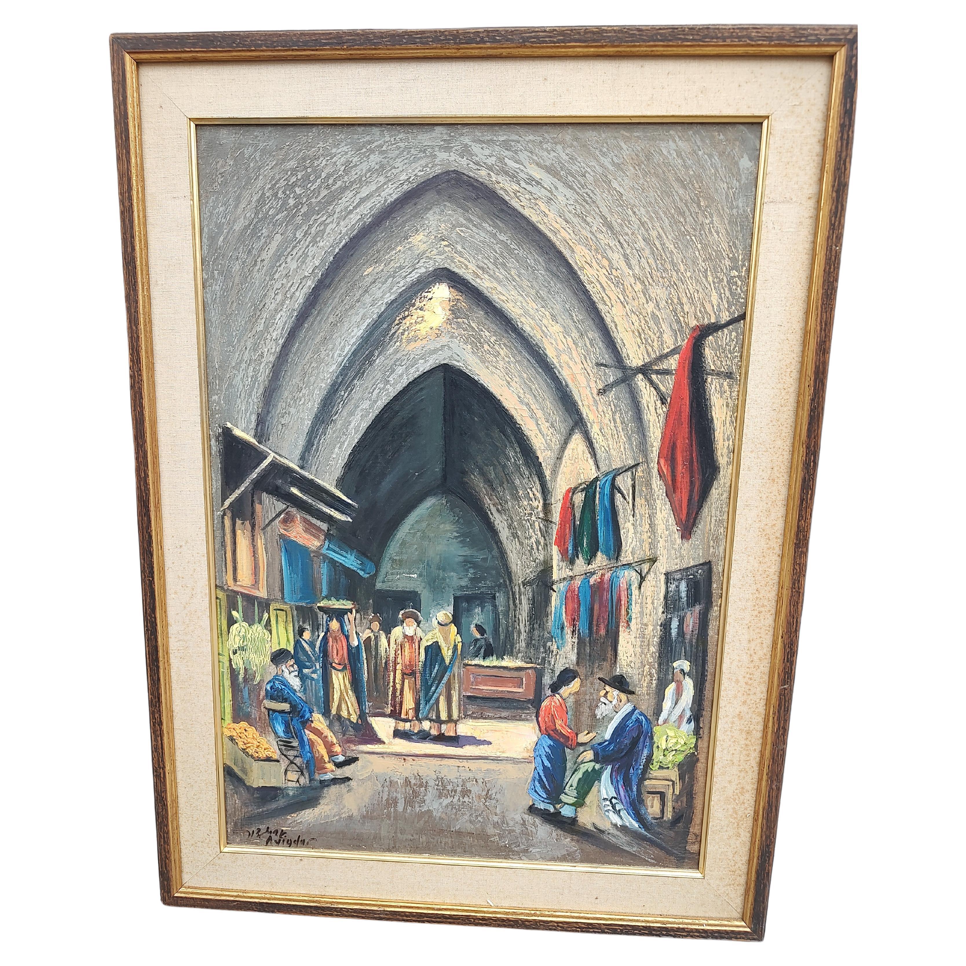 Midcentury Oil on Canvas Painting Merchants in an Old Jerusalem Market Setting For Sale